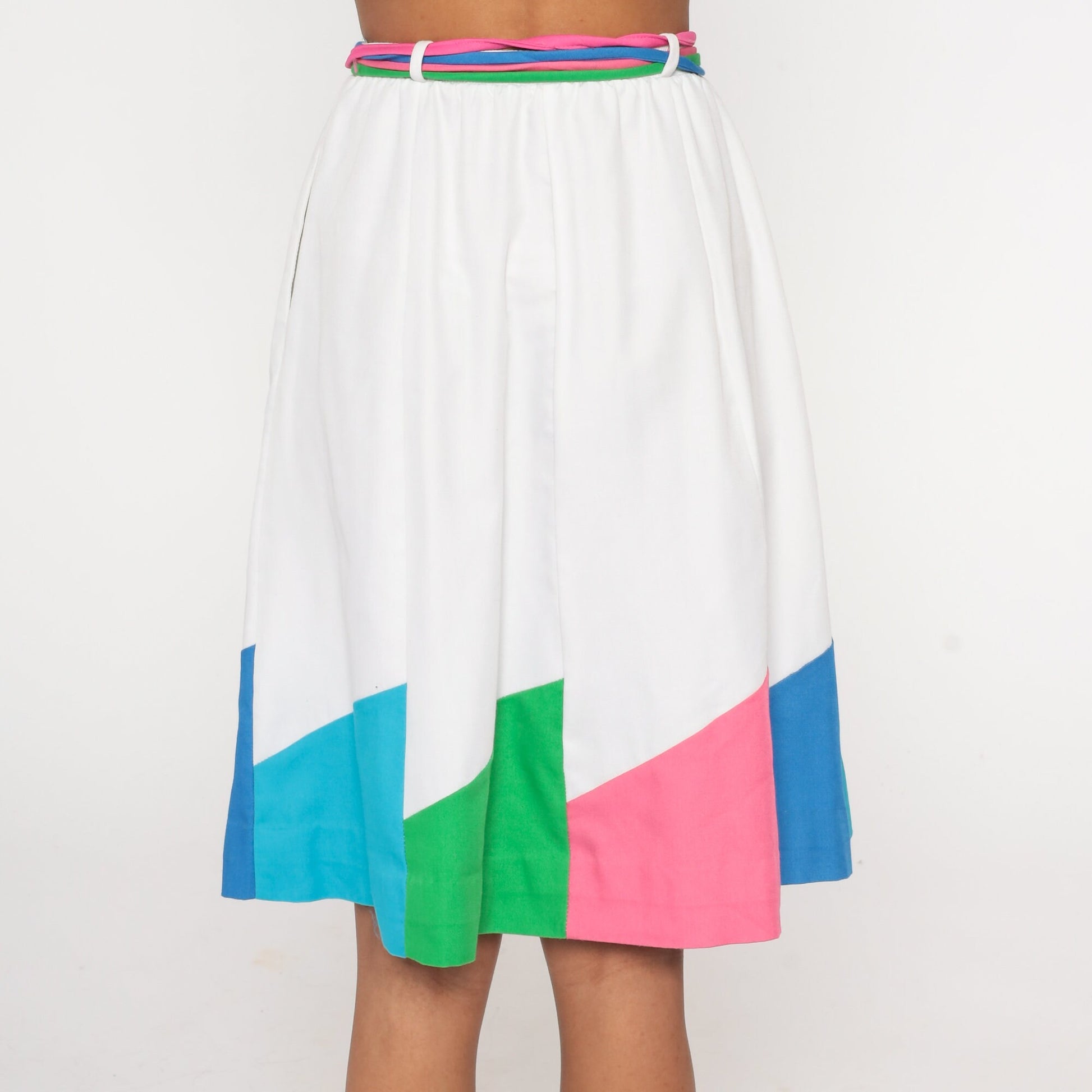80s Color Block A-Line Skirt White Pink Blue High Waist Belted Pockets Extra Small