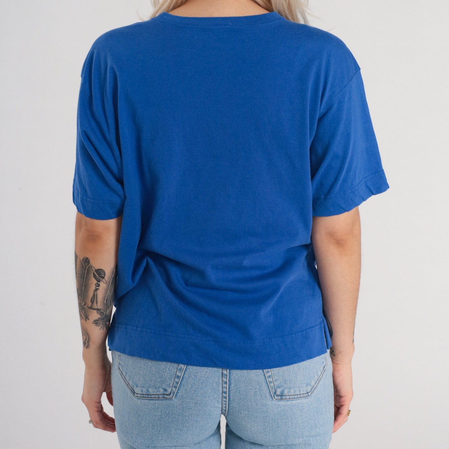 90s Blue Pocket T-Shirt Cotton Blend Short Sleeve Tee Side Slits Large L
