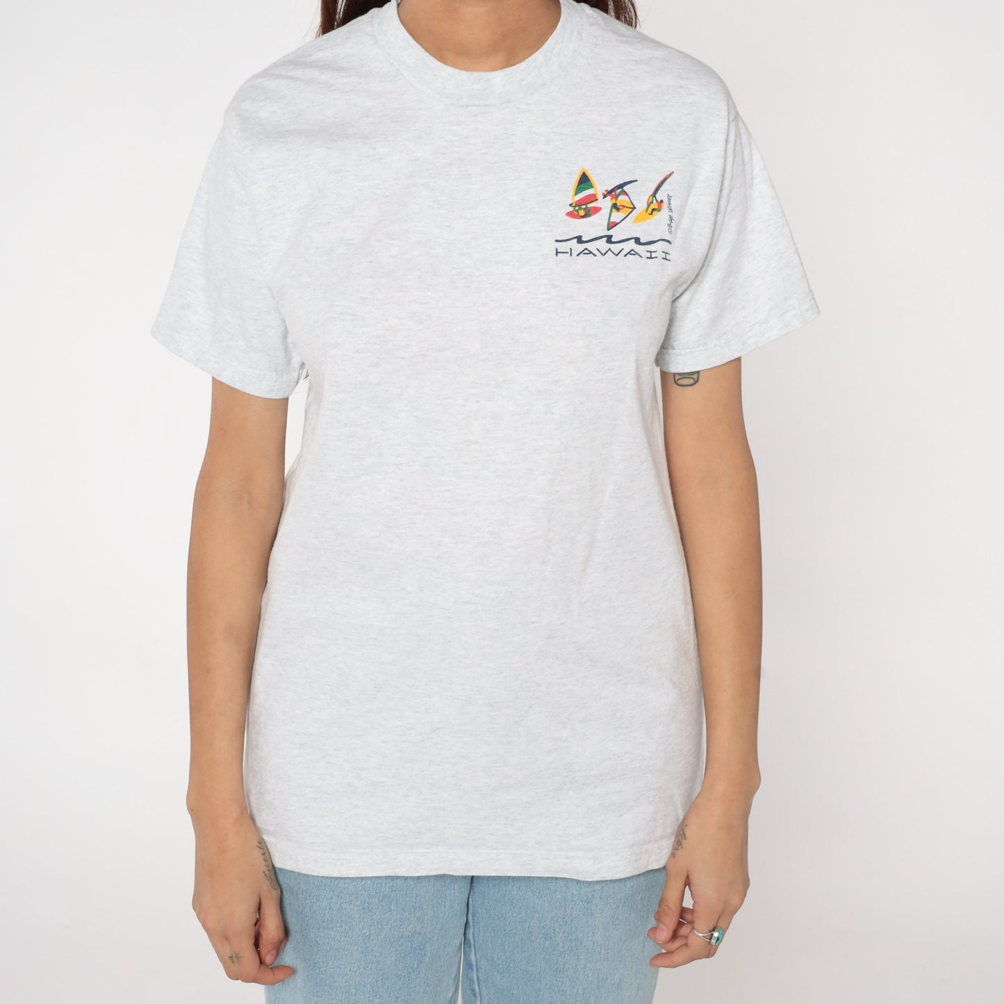 90s Hawaii Windsurfing Graphic T-Shirt Light Grey Cotton Single Stitch Small