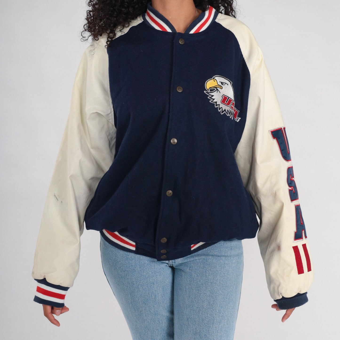 00s Steve & Barry's Eagle USA Bomber Jacket Navy Wool Large