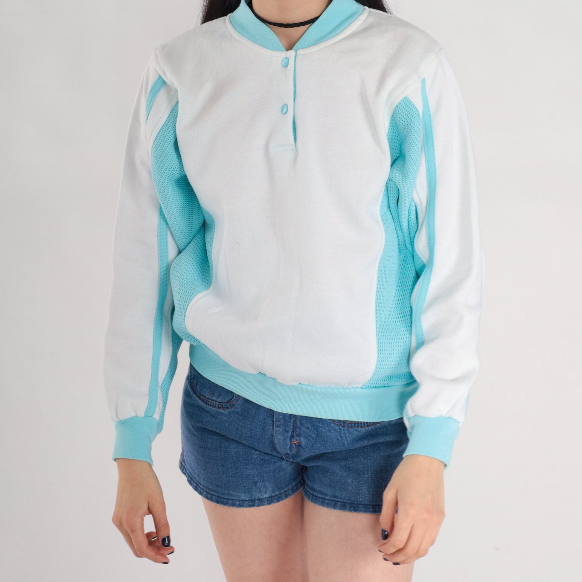 80s White Henley Sweatshirt Blue Mesh Panels Crewneck Small