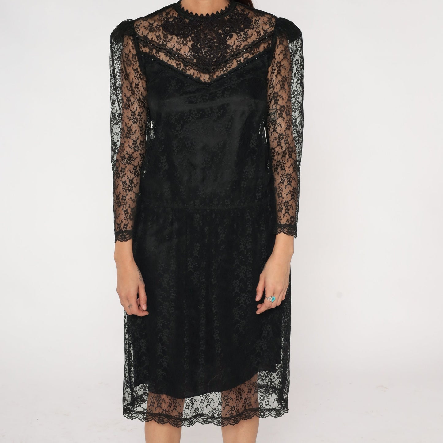 80s Scott McClintock Black Lace Midi Dress Beaded Illusion Neckline Small
