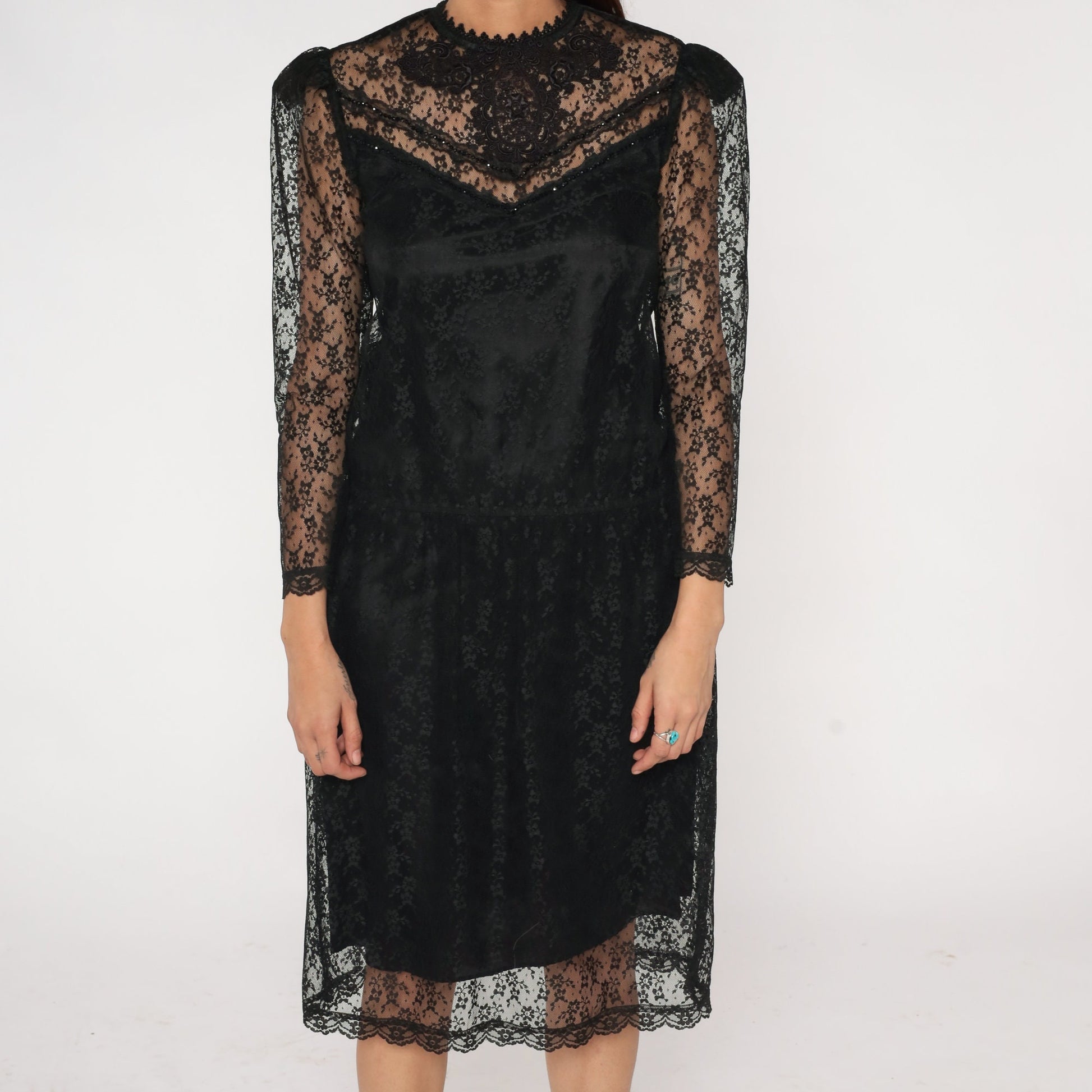 80s Scott McClintock Black Lace Midi Dress Beaded Illusion Neckline Small