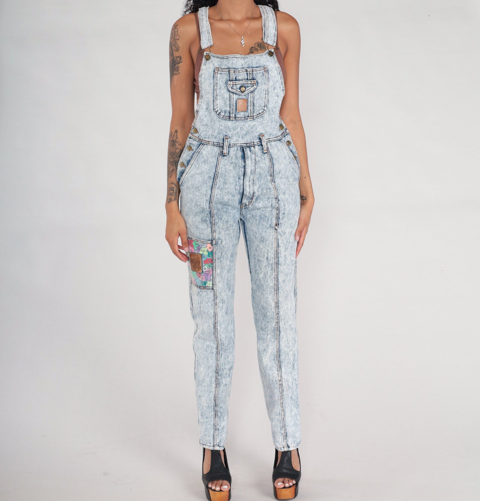 90s Acid Wash Denim Overalls Neon Floral Hand Painted Tapered Bib Small