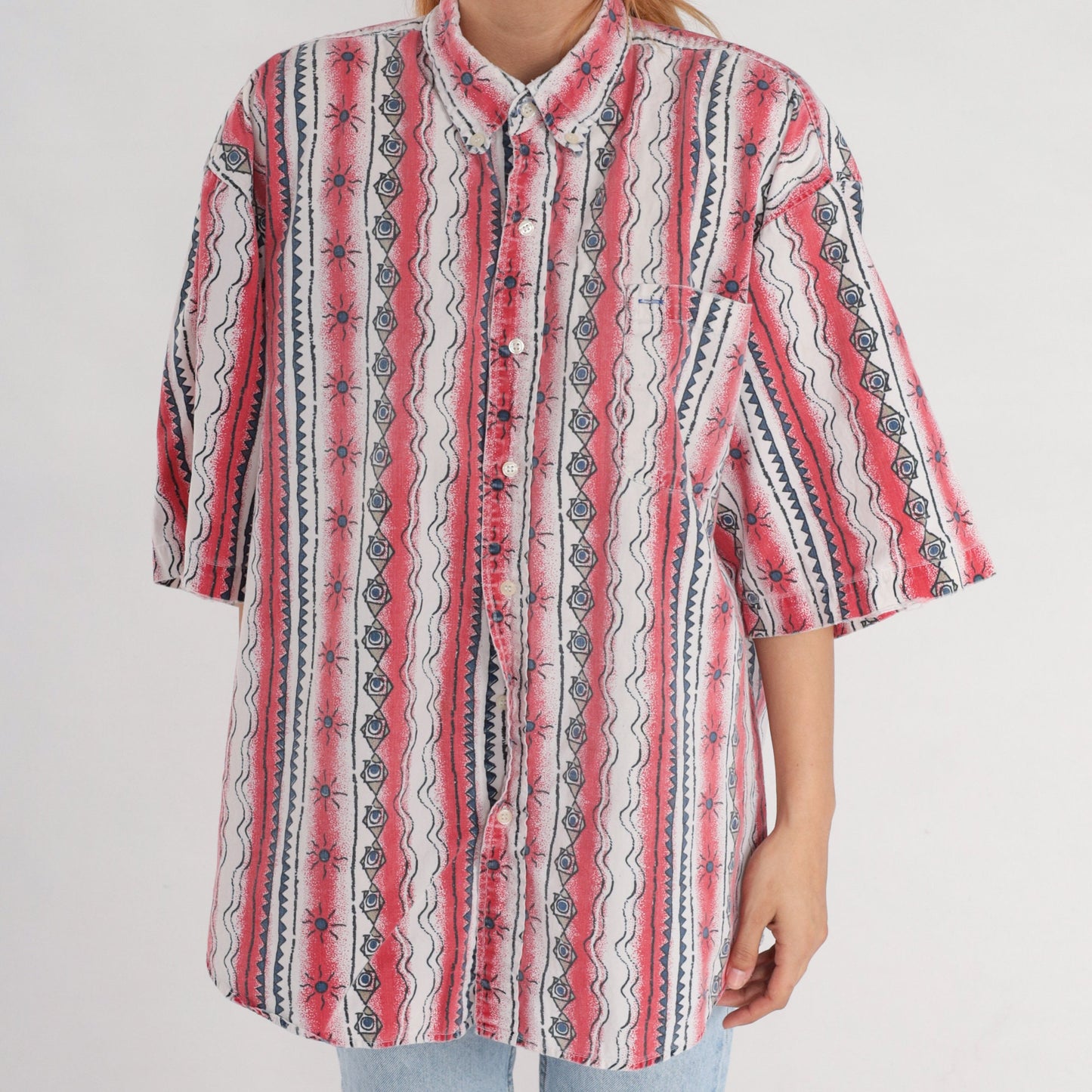 90s Celestial Red Striped Button Up Shirt Geometric Sun Print Extra Large