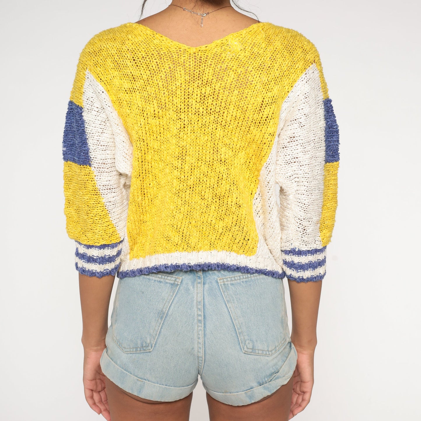 80s La Quinta Color Block Sweater Yellow Purple Cropped Knit Medium