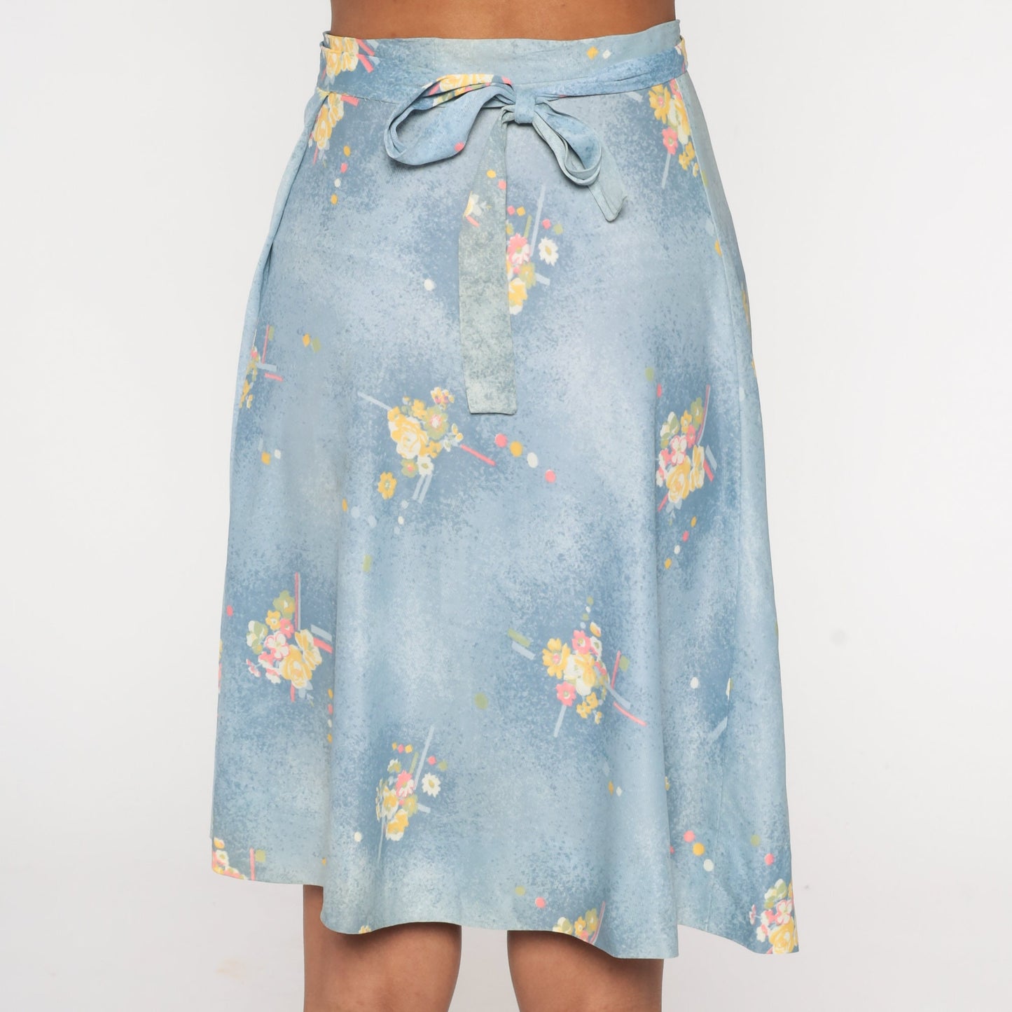 70s Blue Floral Wrap Skirt High Waist Mini Adjustable Belt Small Medium