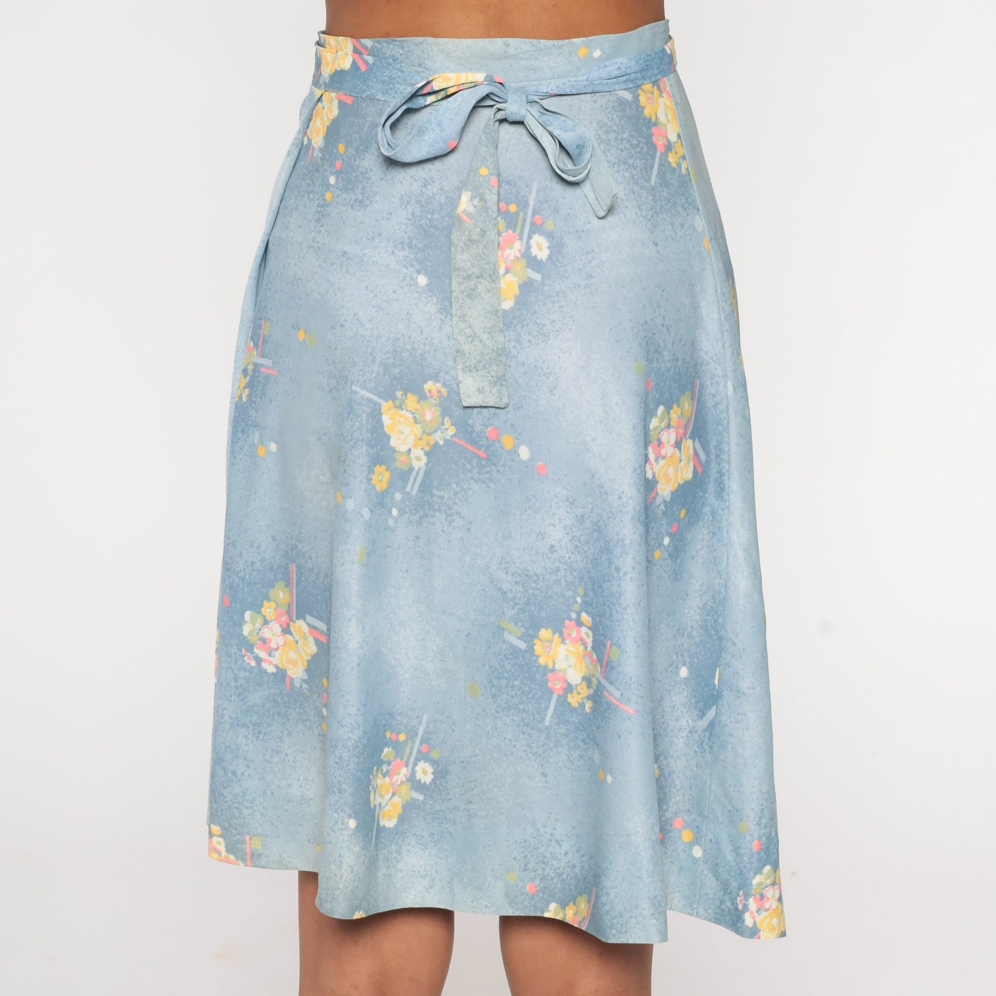 70s Blue Floral Wrap Skirt High Waist Mini Adjustable Belt Small Medium
