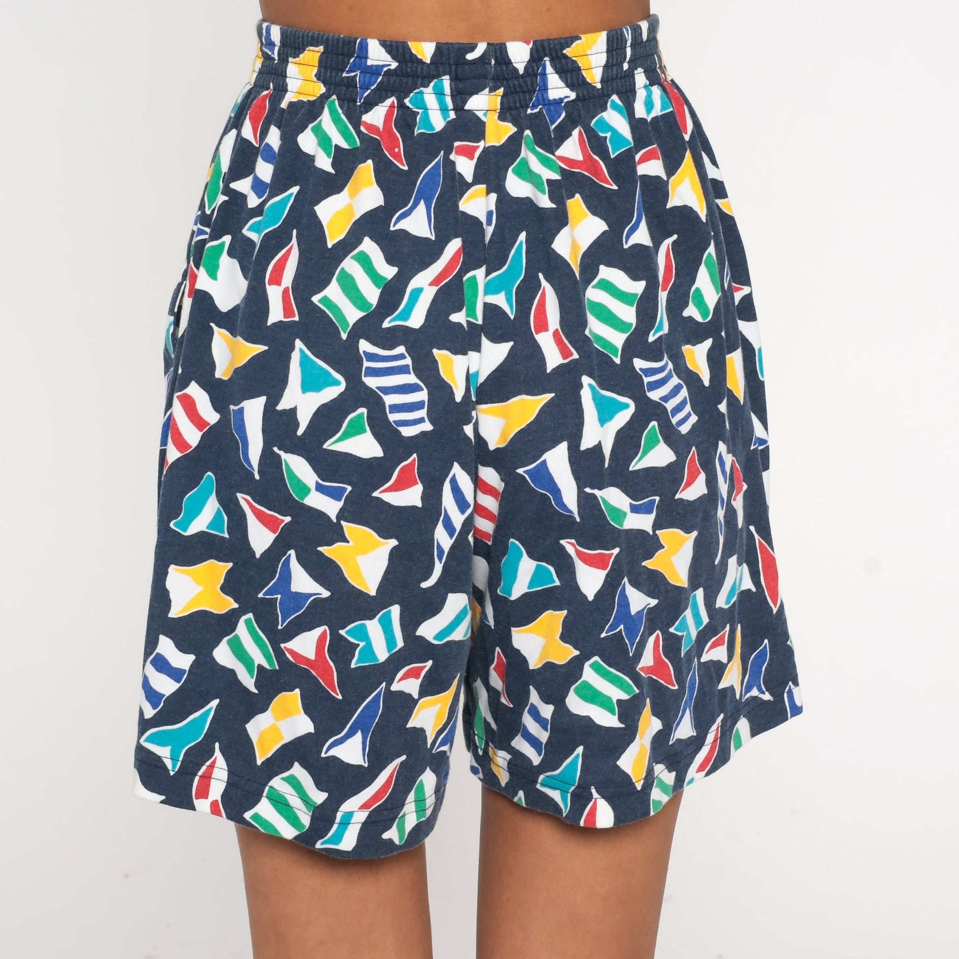 90s Nautical Flag Shorts Dark Blue High Waist Elastic Waist Small