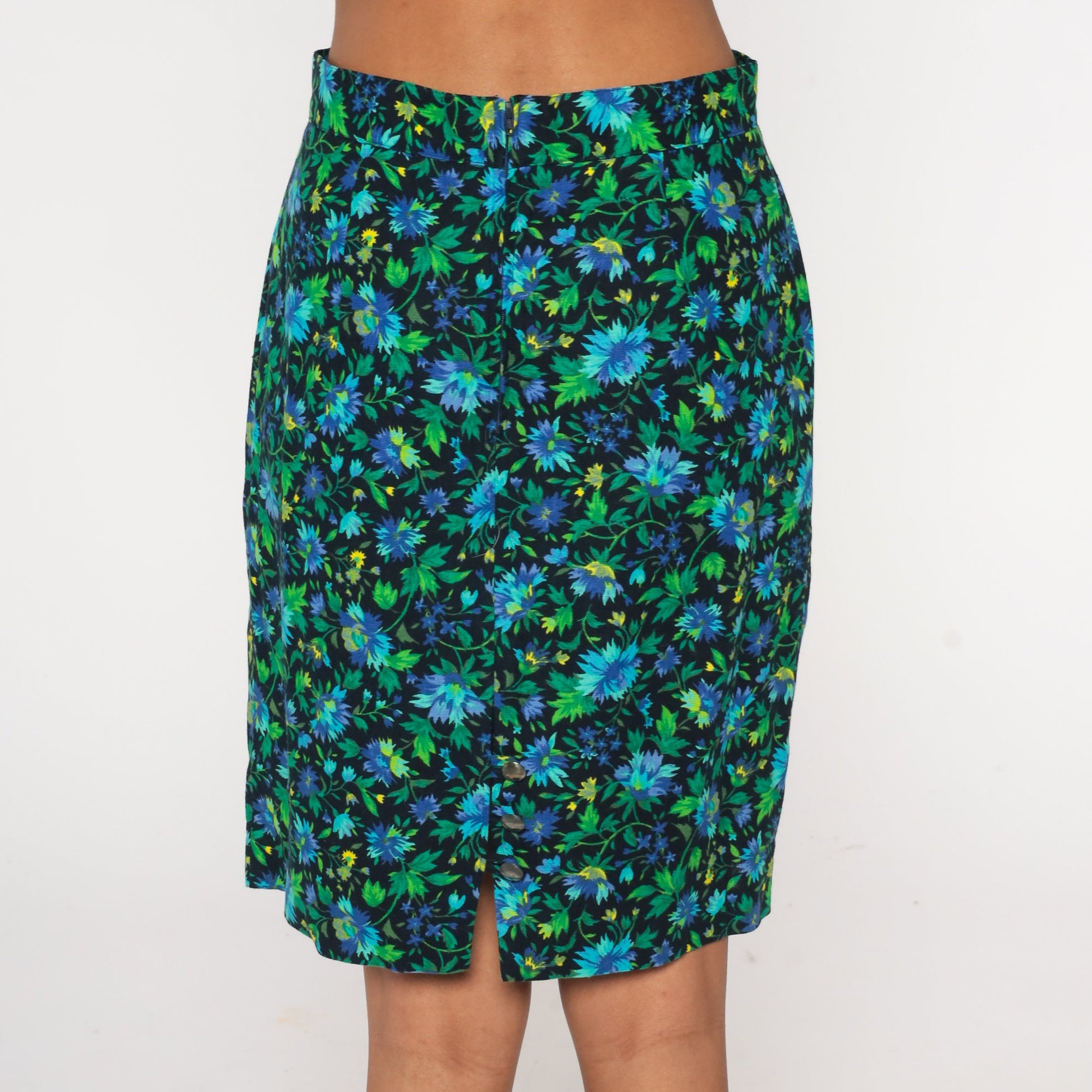 90s United Colors of Benetton Floral Mini Skirt Green Blue High Waist Small