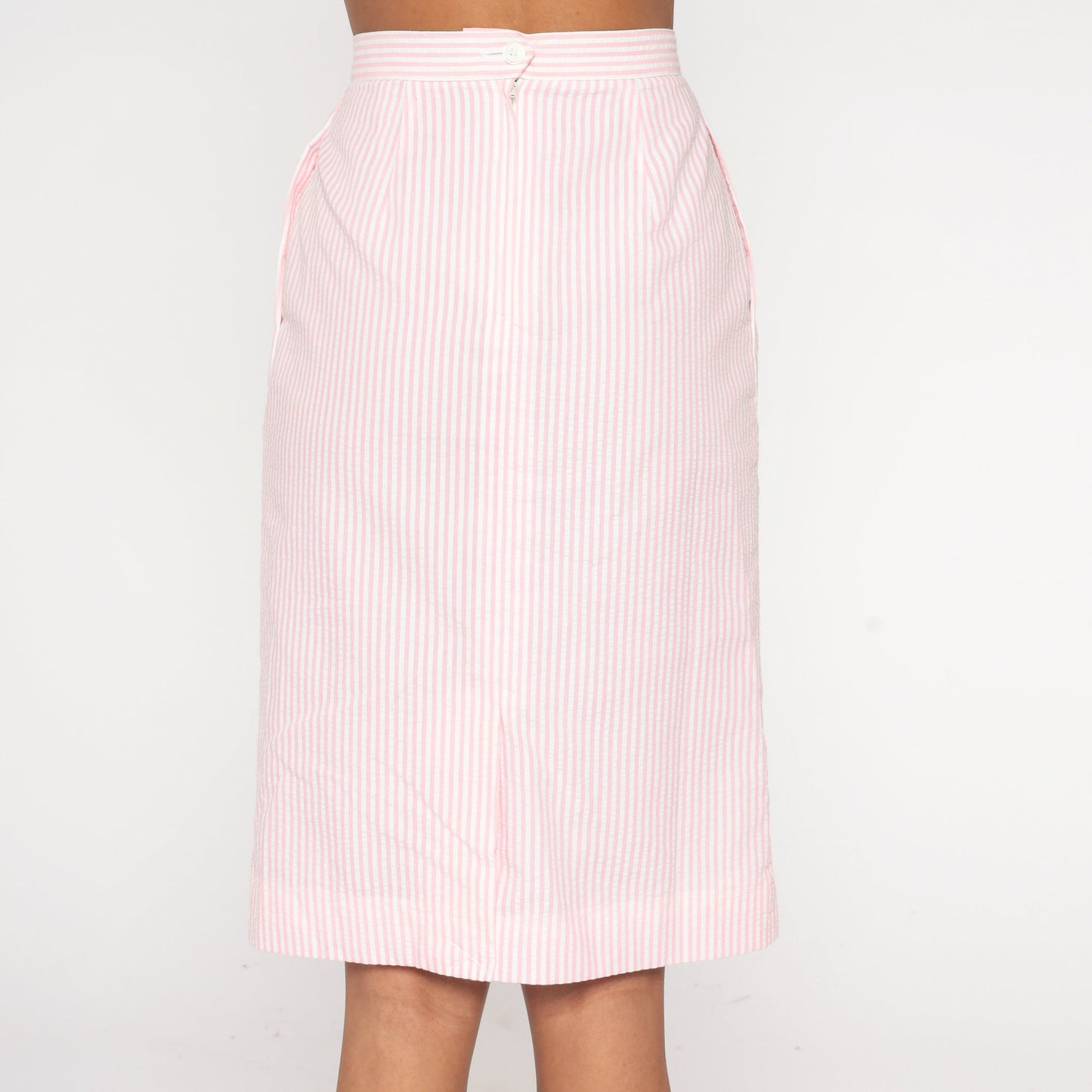 80s Seersucker Striped Midi Skirt Pink White High Waist Pencil Extra Small