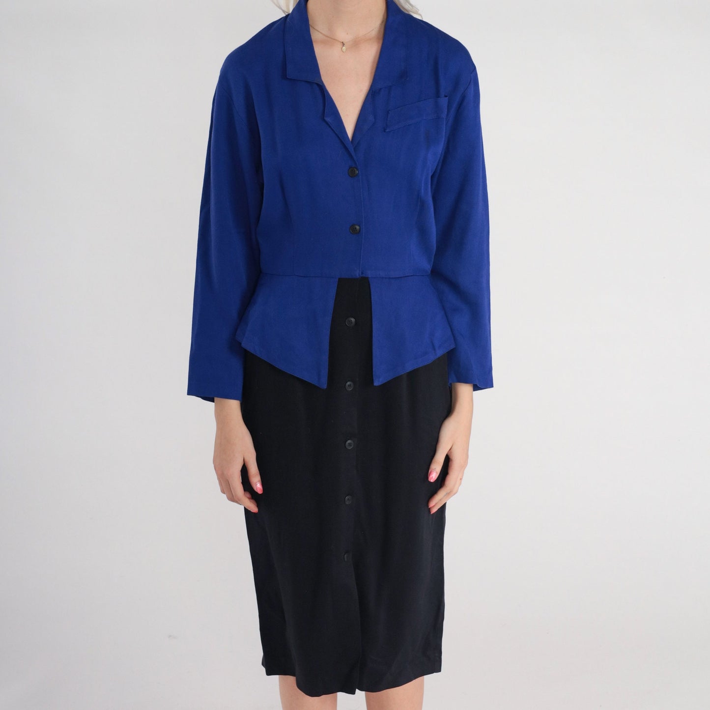 90s Carol Anderson Peplum Midi Dress Blue Black Button-Up Long Sleeve XS