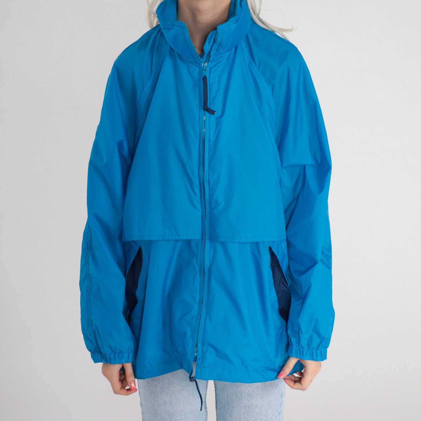 90s Eddie Bauer Blue Nylon Windbreaker Hidden Hood Zip Jacket Large