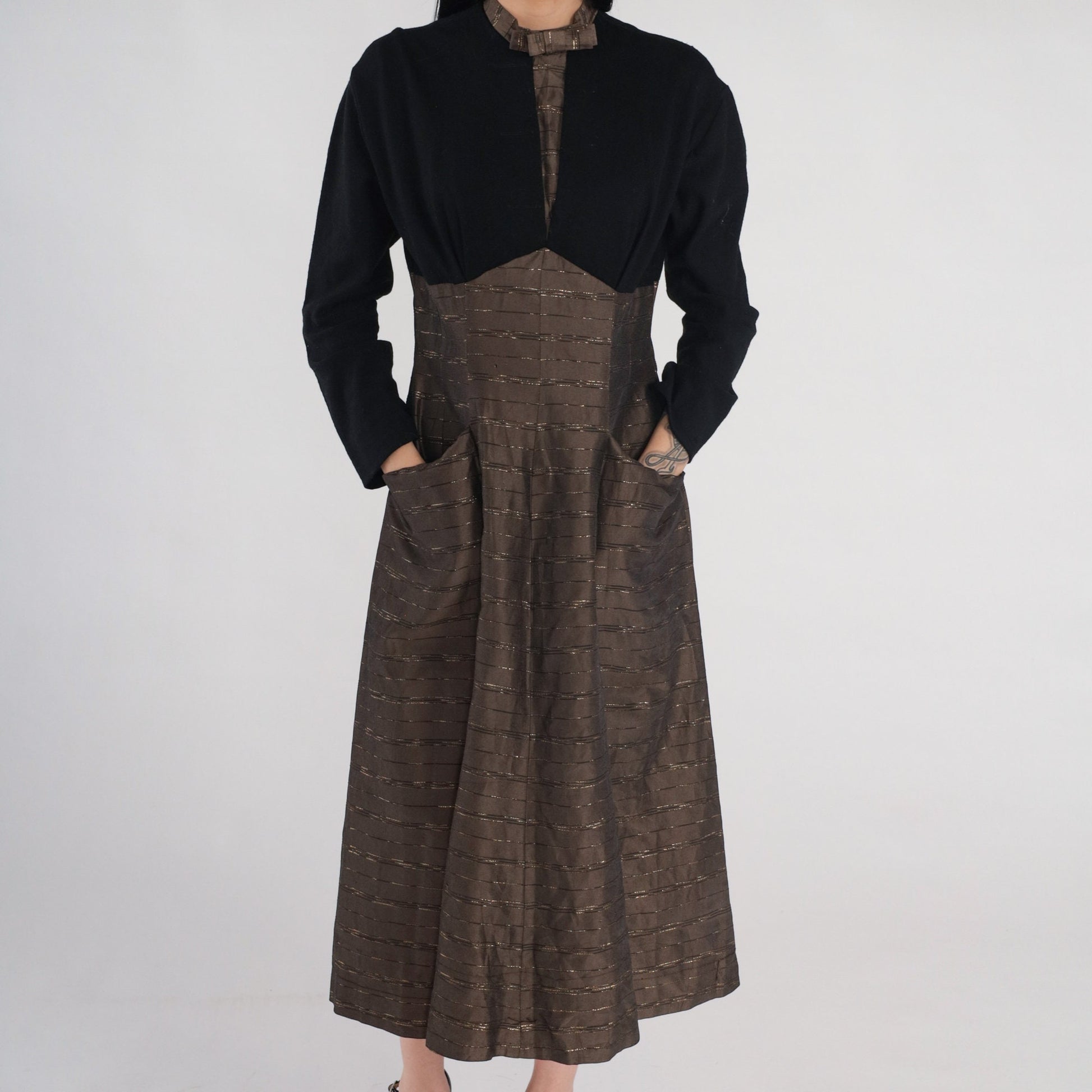 1950s Metallic Striped Brown Wool Midi Dress Black Bow High Neck Medium