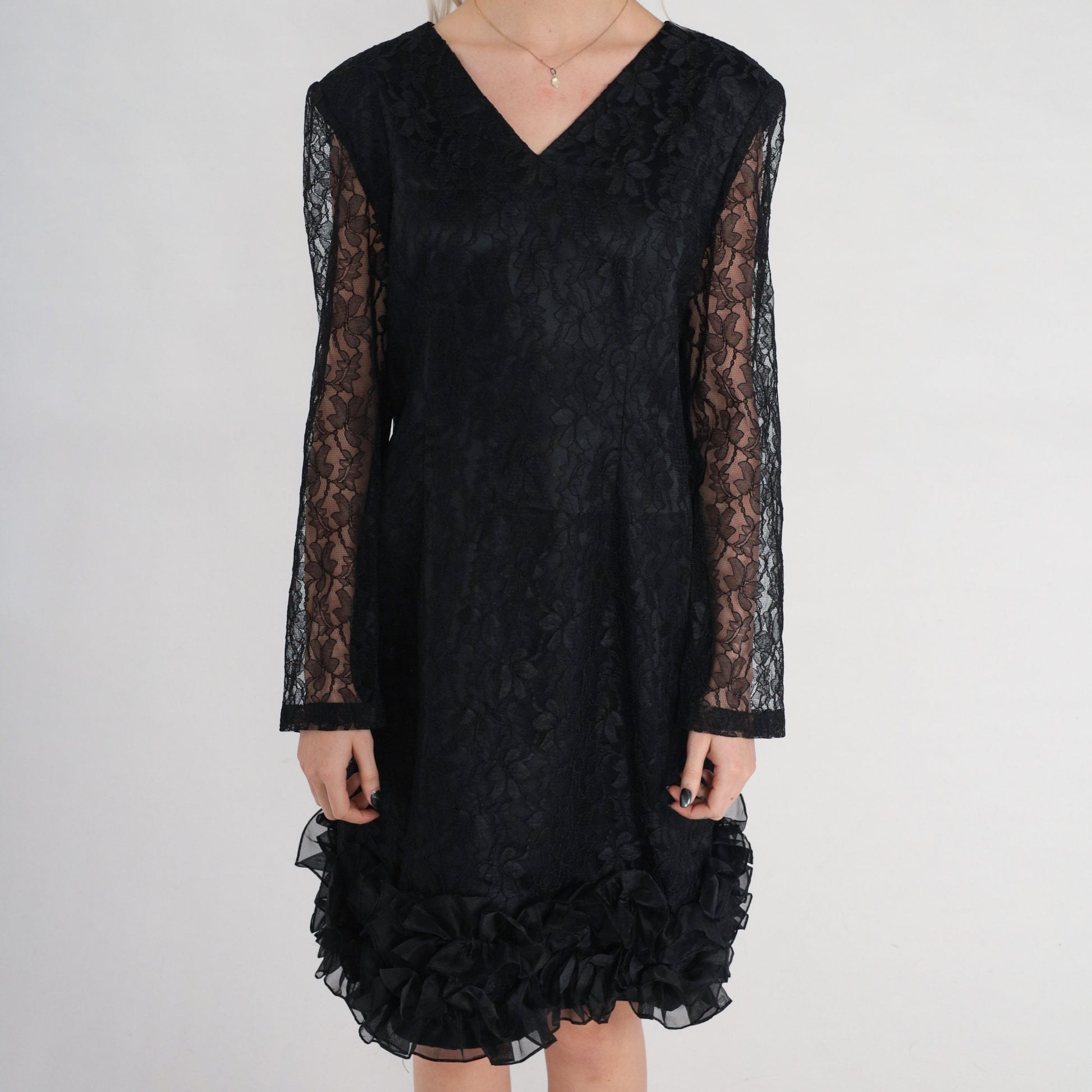 80s Black Lace Mini Dress V-Neck Ruffled Hem Long Sheer Sleeve Medium