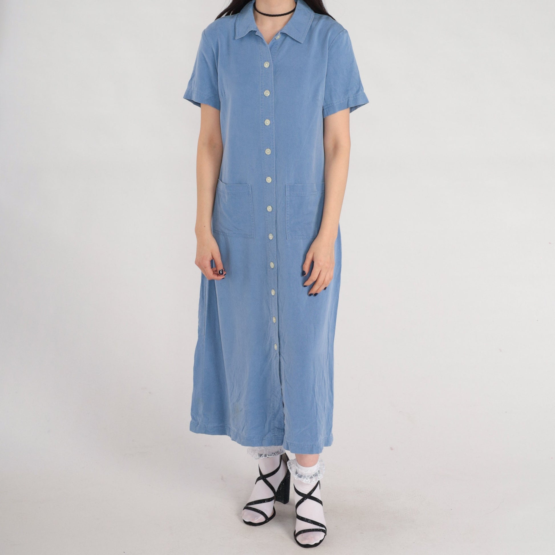 Y2K Talbots Blue Tencel Midi Shirt Dress Button-Up Pockets Medium 8