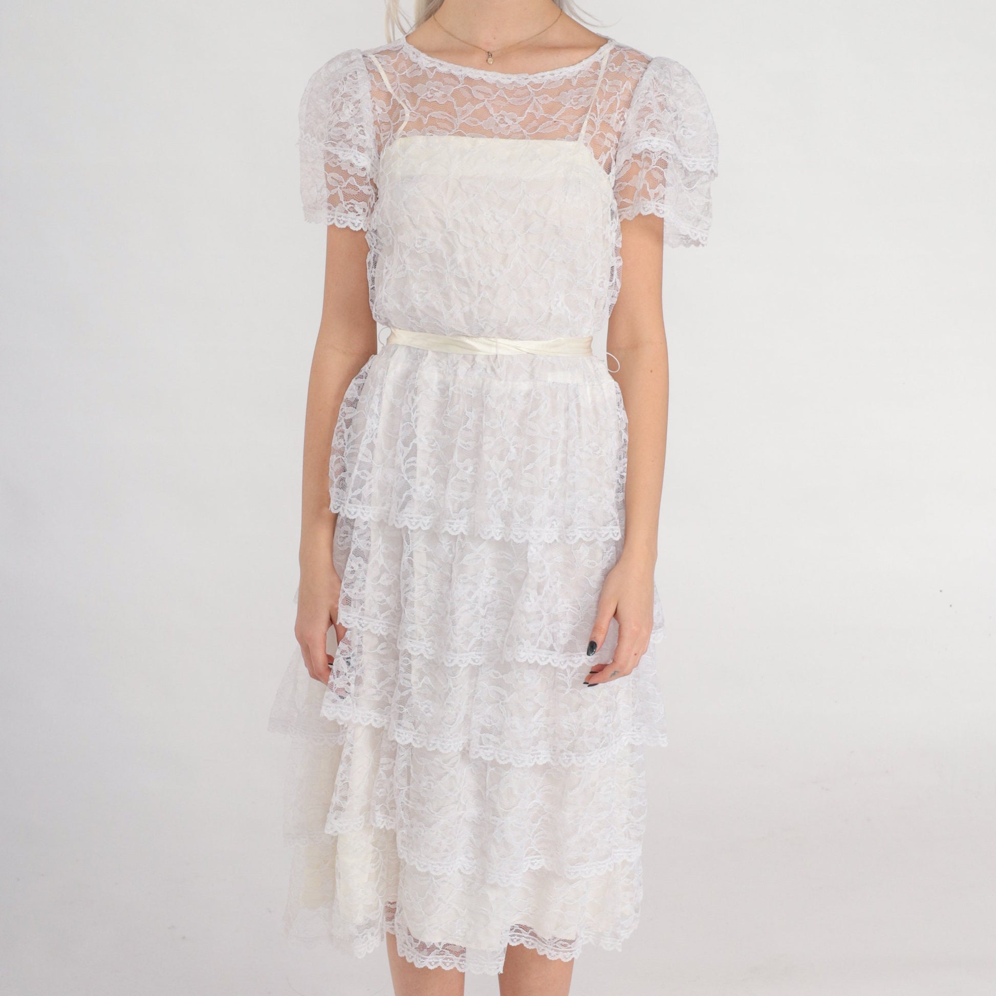 80s White Lace Midi Dress Floral Illusion Neckline Puff Sleeve Tiered Small