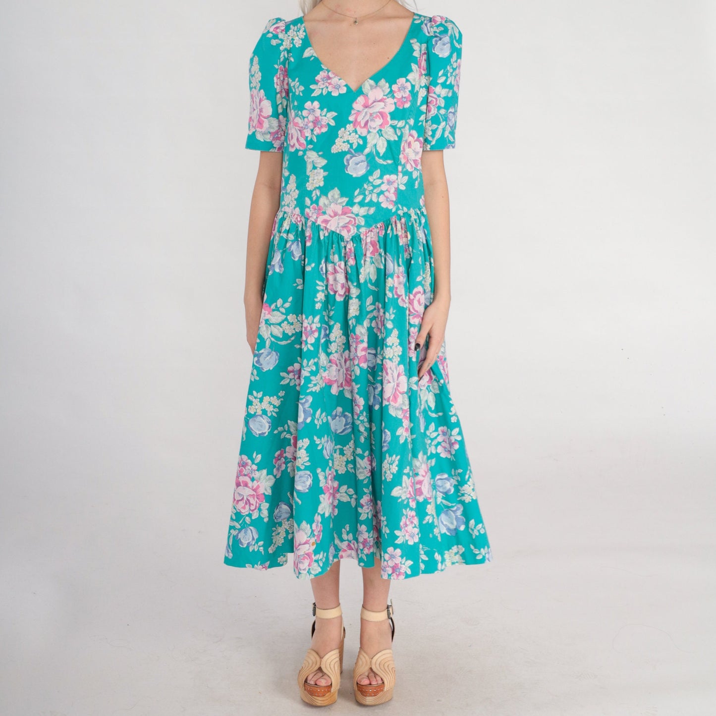 80s Laura Ashley Turquoise Floral Midi Dress Puff Sleeve Basque Waist Medium