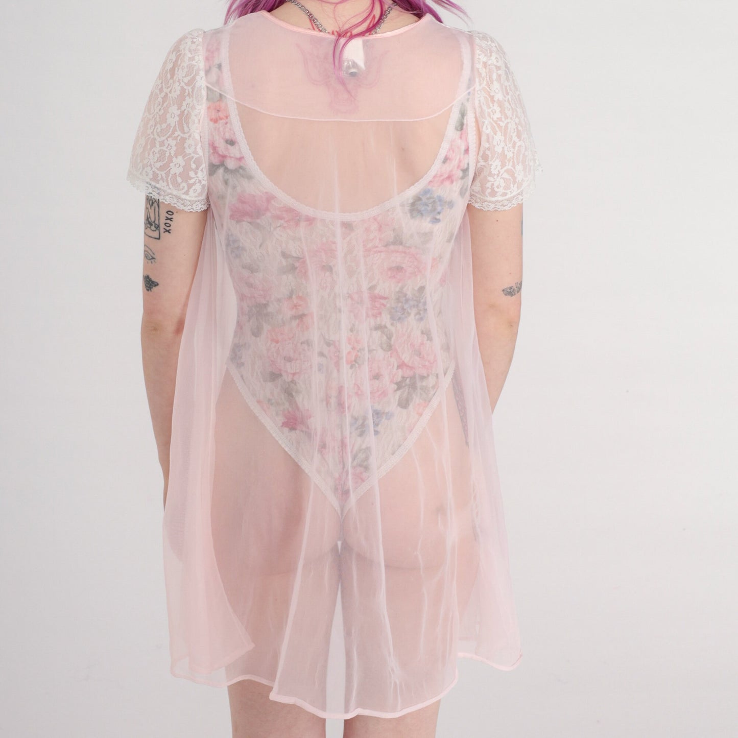 70s Baby Pink Sheer Nylon Lingerie Robe Lace Puff Sleeve Small