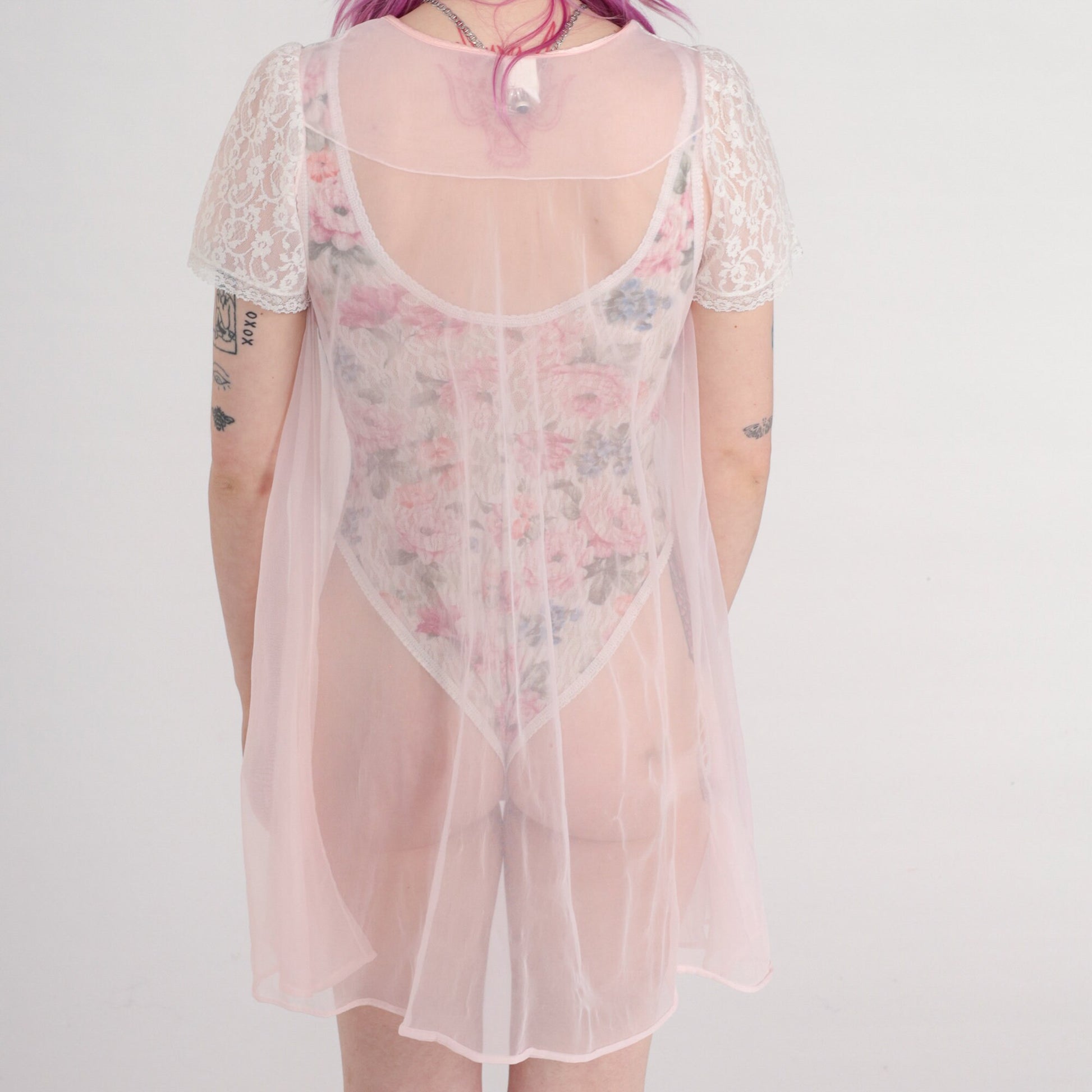 70s Baby Pink Sheer Nylon Lingerie Robe Lace Puff Sleeve Small
