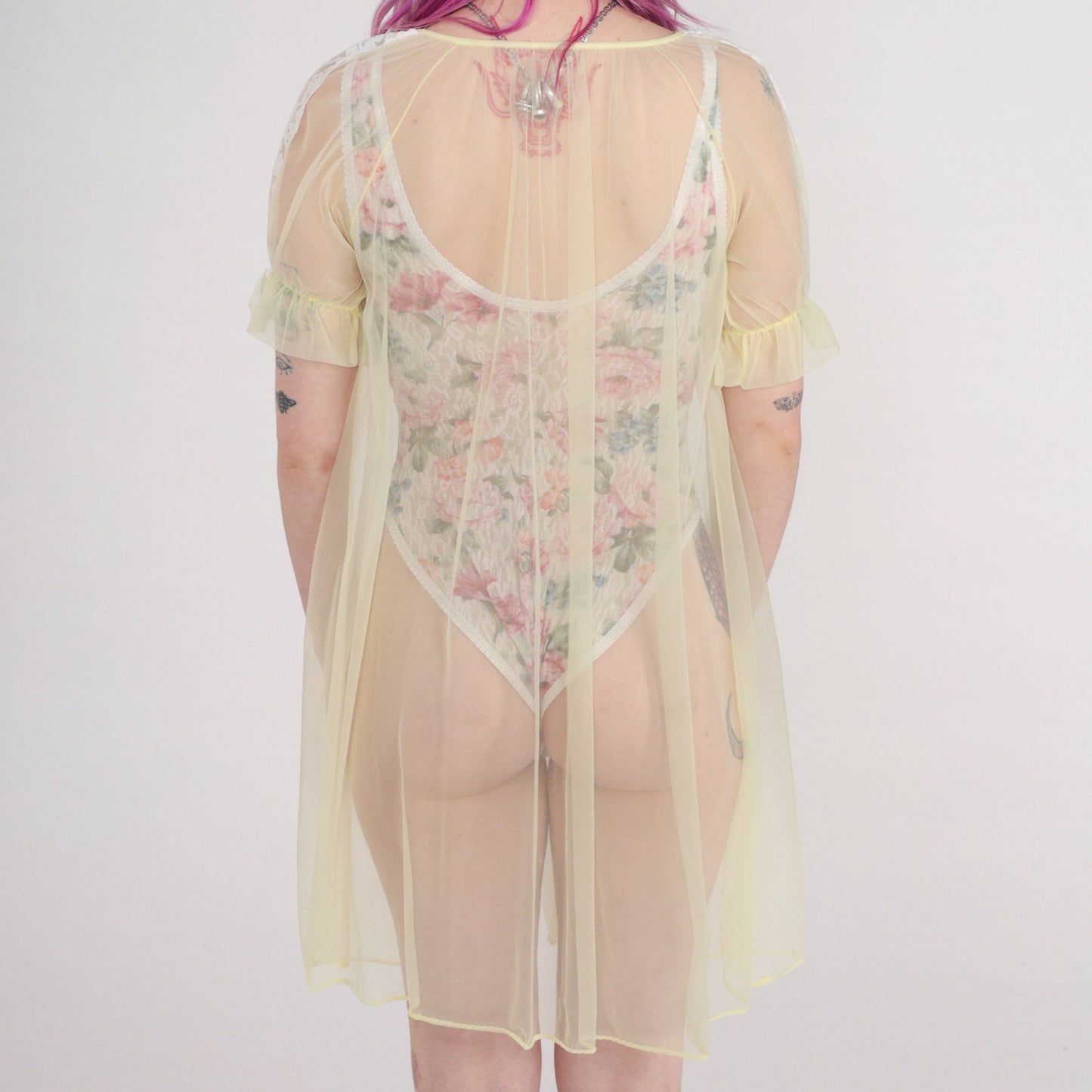 70s Yellow Sheer Nylon Lace Lingerie Robe Kimono Small