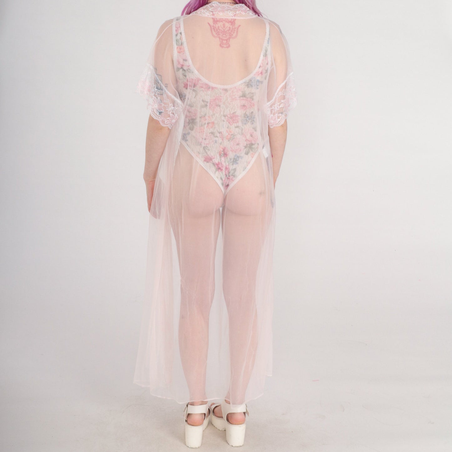 70s Baby Pink Sheer Nylon Maxi Robe Lace Trim Open Front Large L