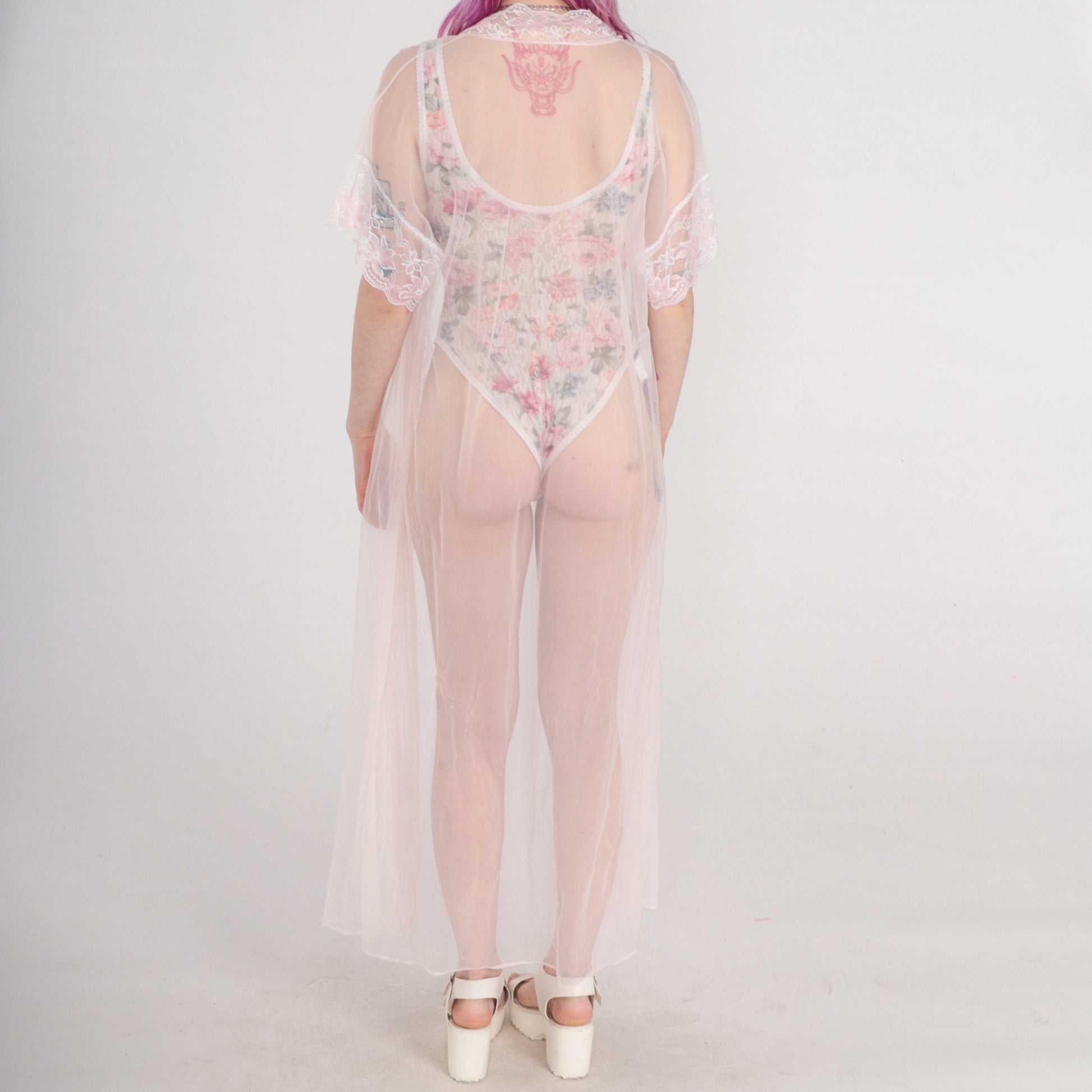 70s Baby Pink Sheer Nylon Maxi Robe Lace Trim Open Front Large L