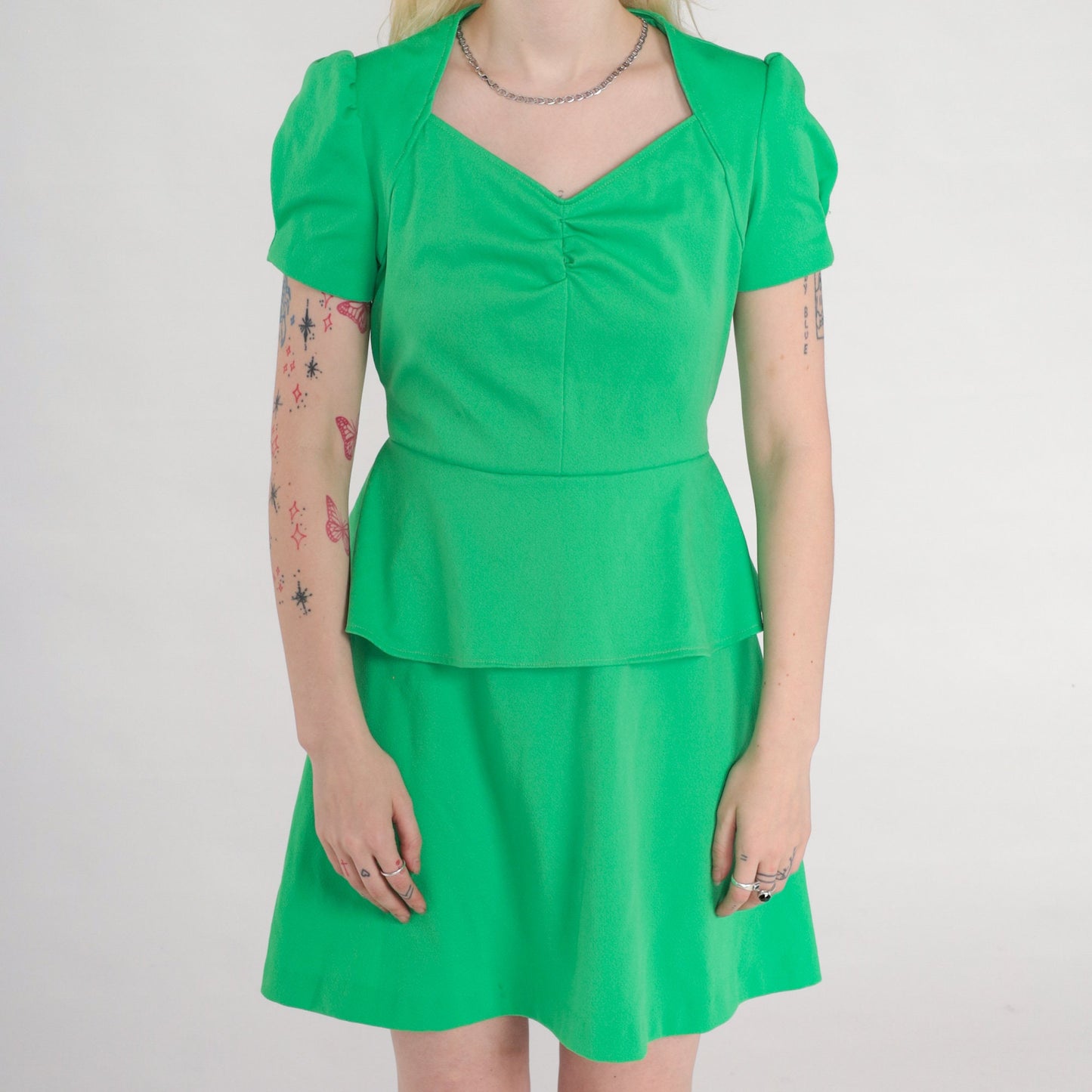 70s Spring Green Mini Dress Puff Sleeve V-Neck High Waist Peplum Small