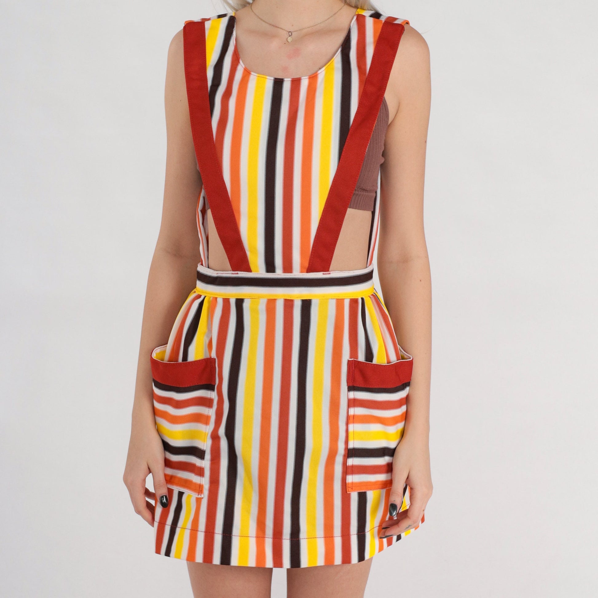70s Striped Apron Dress Open Back Pinafore Mini XS Multicolor