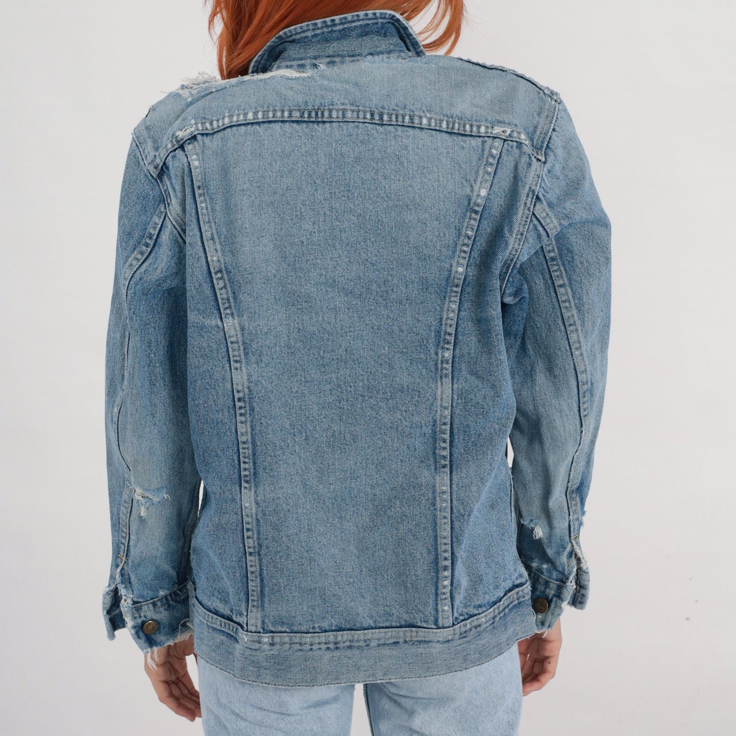 80s Lee Denim Jacket Distressed Ripped Blue Wash Trucker Small S