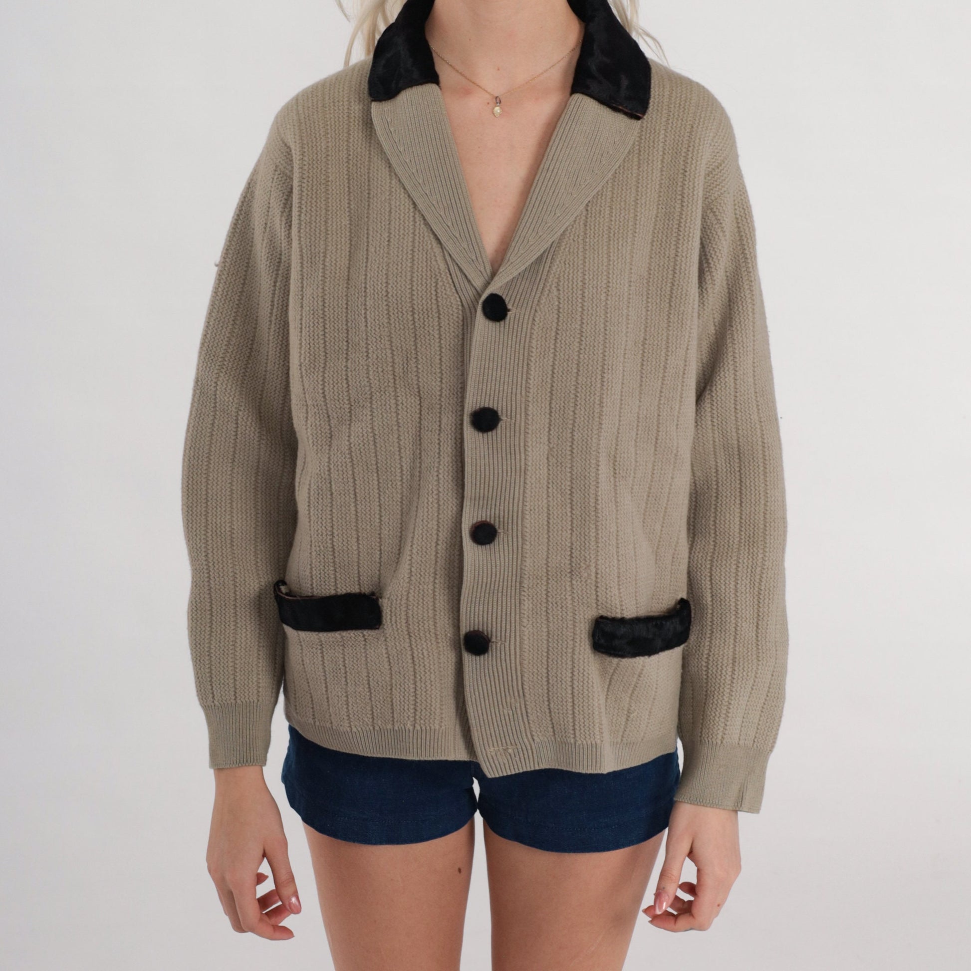 60s Taupe Wool Cardigan Leather Trim Shawl Collar Ribbed Knit Medium