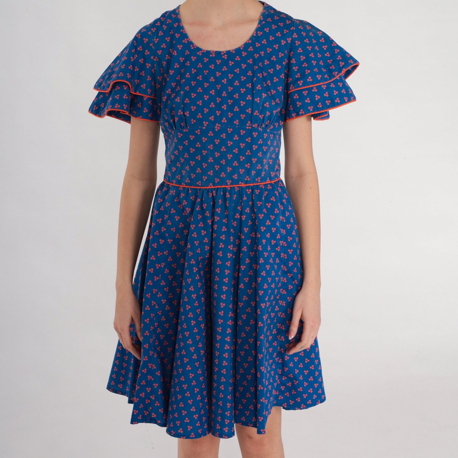 60s Blue Square Dot Mini Dress Flutter Sleeve High Waist Full Skirt Extra Small