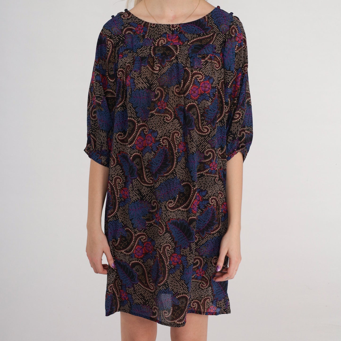 70s I Magnin Paisley Floral Mini Dress Black Half Sleeve Tent Cut Medium