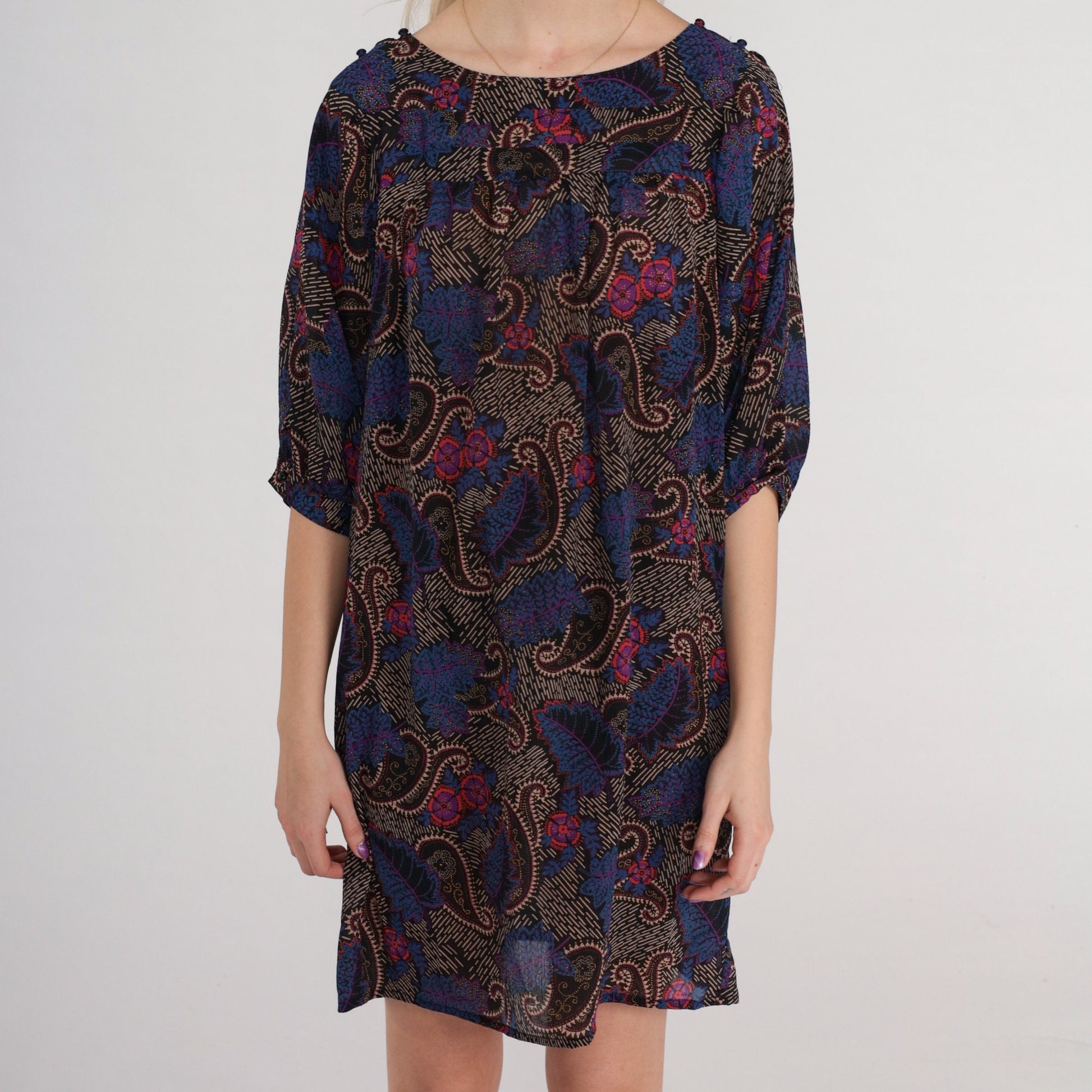 70s I Magnin Paisley Floral Mini Dress Black Half Sleeve Tent Cut Medium