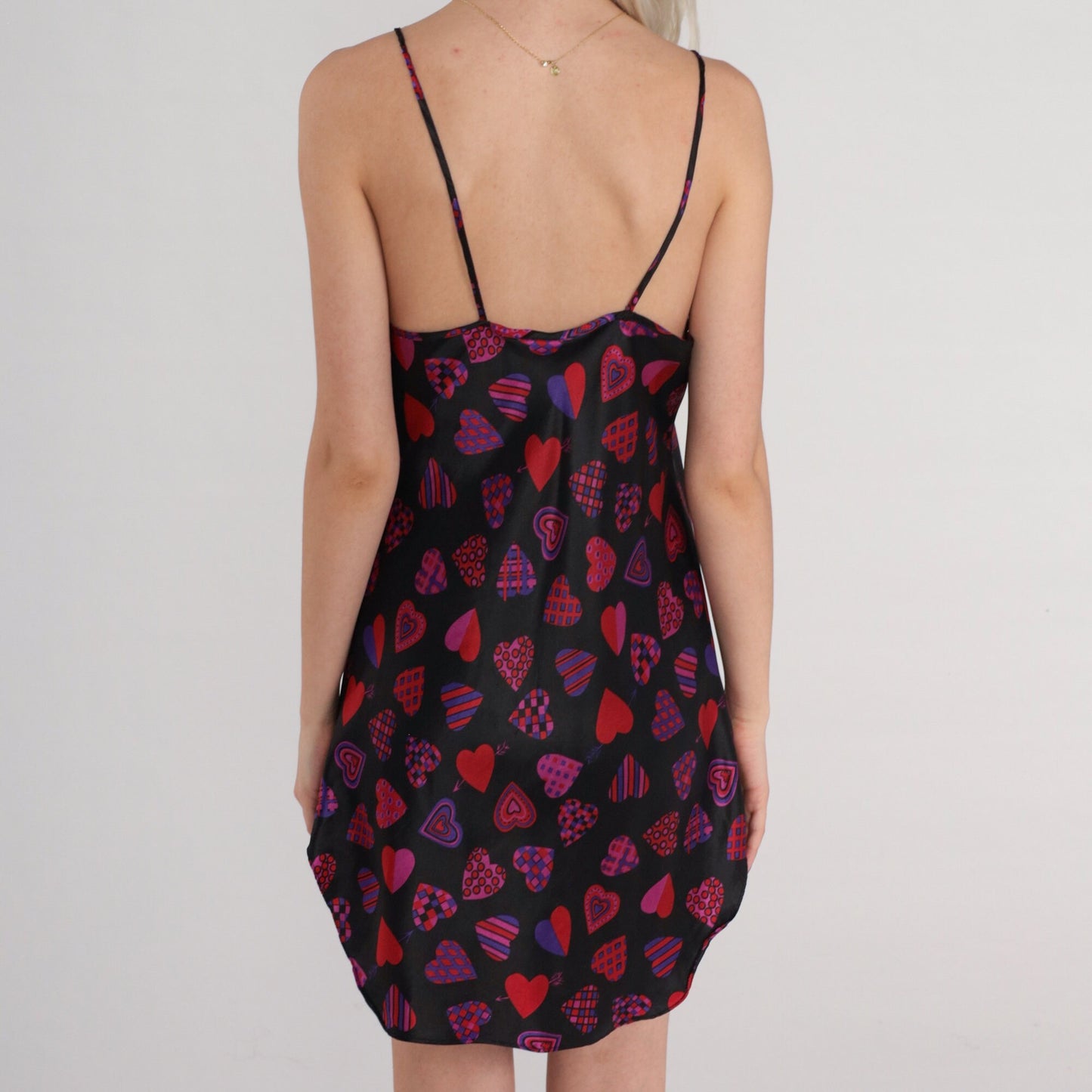 00s Heart Print Black Slip Dress Mini Spaghetti Strap Side Slit Small