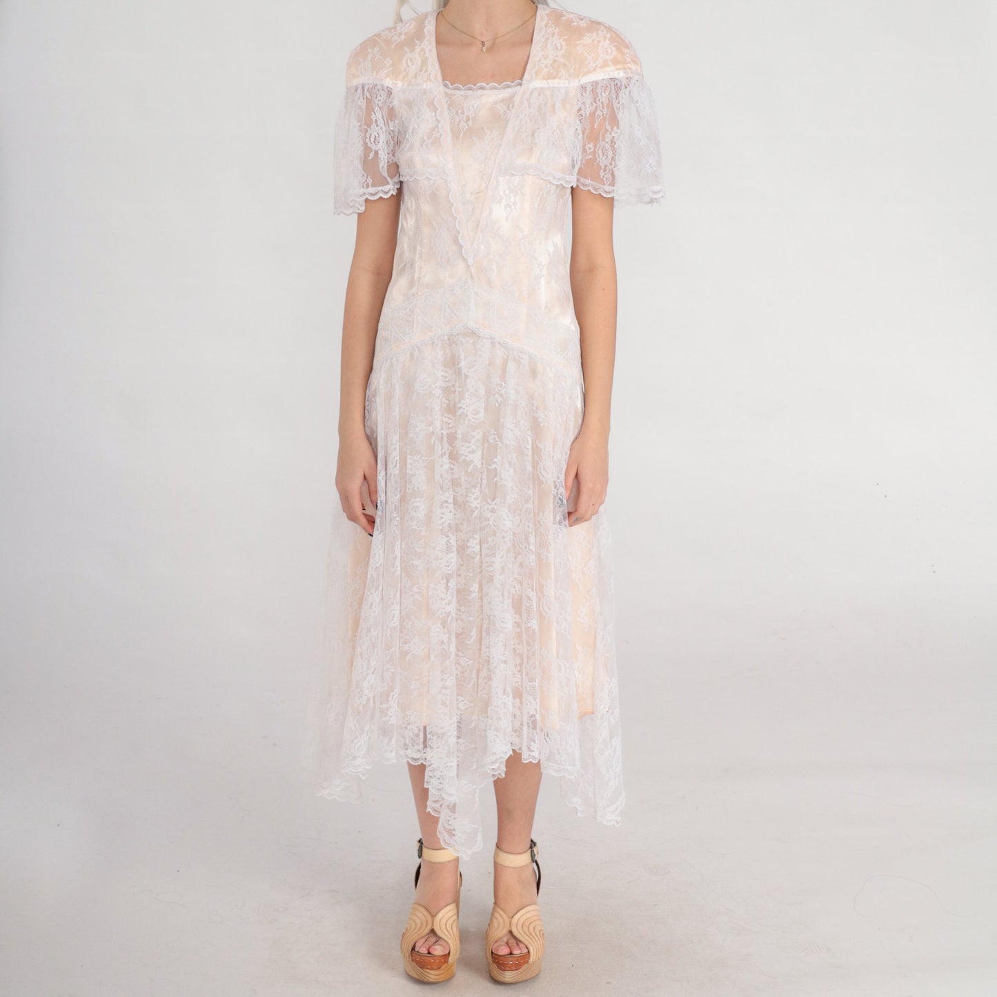 80s Gunne Sax Jessica McClintock Lace Midi Dress Blush Handkerchief Hem XS