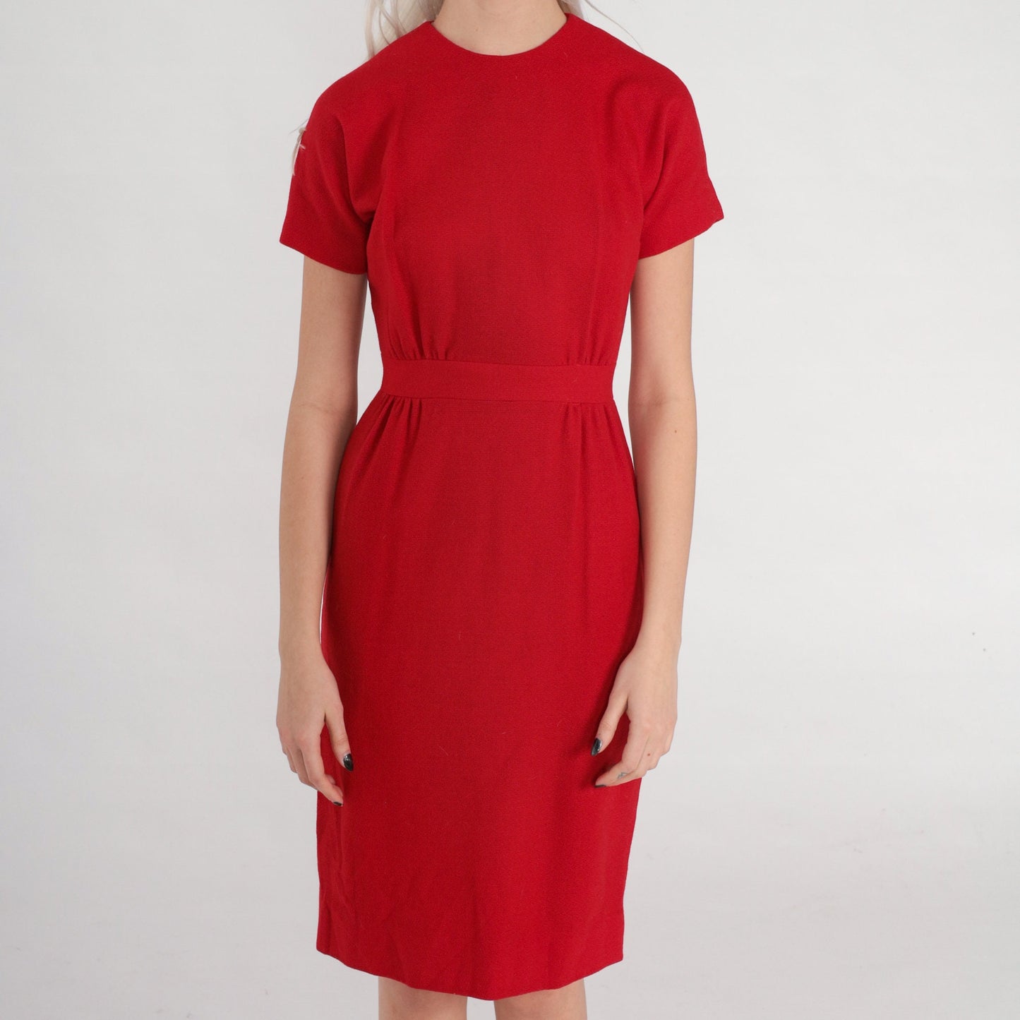60s Red Wool Pencil Dress High Waisted Knee Length Short Sleeve Extra Small XS