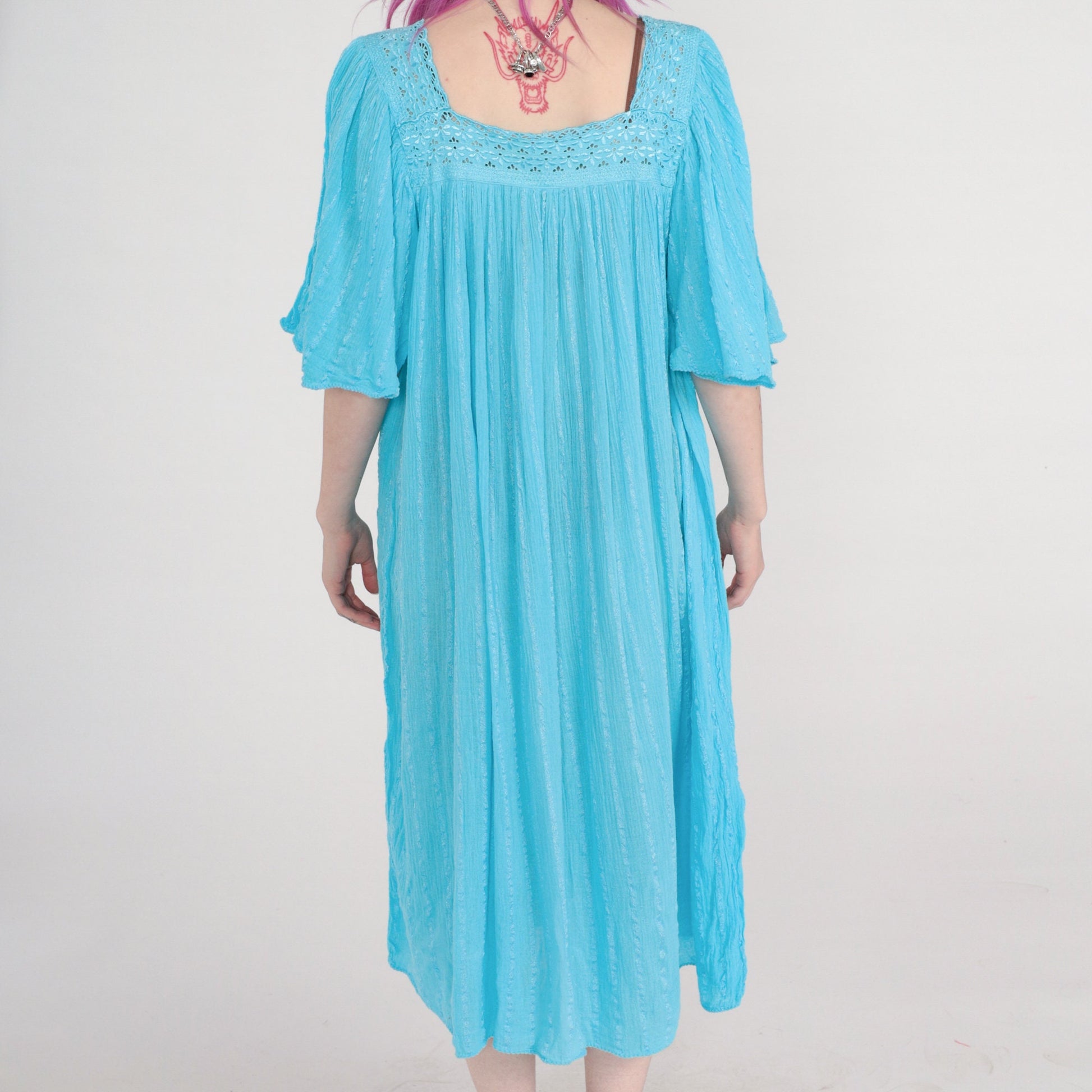 80s Blue Cotton Gauze Midi Dress Embroidered Cutout Flutter Sleeve Medium Large