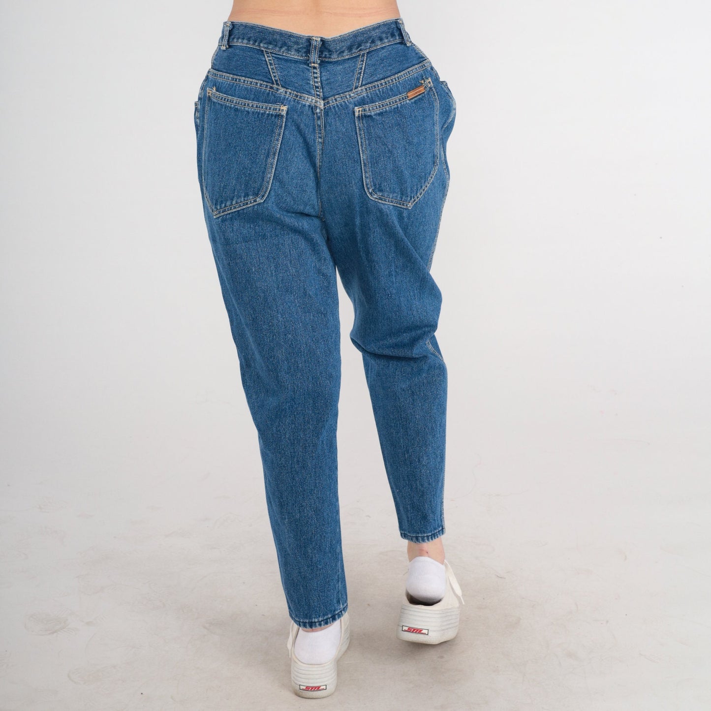 90s High Waisted Pleated Mom Jeans Tapered Denim Blue Medium