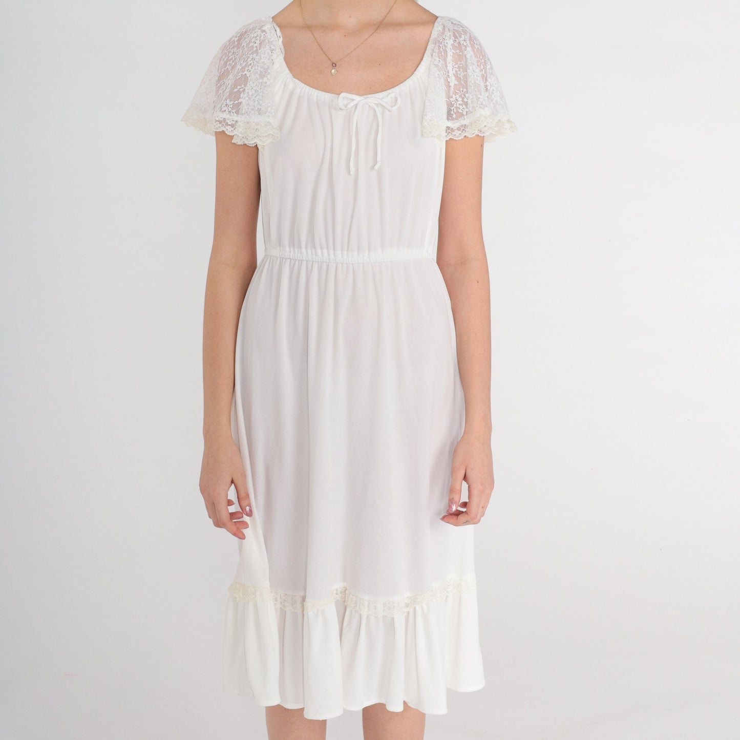70s White Lace Flutter Sleeve Midi Dress High Waist Elastic Neckline Small Medium