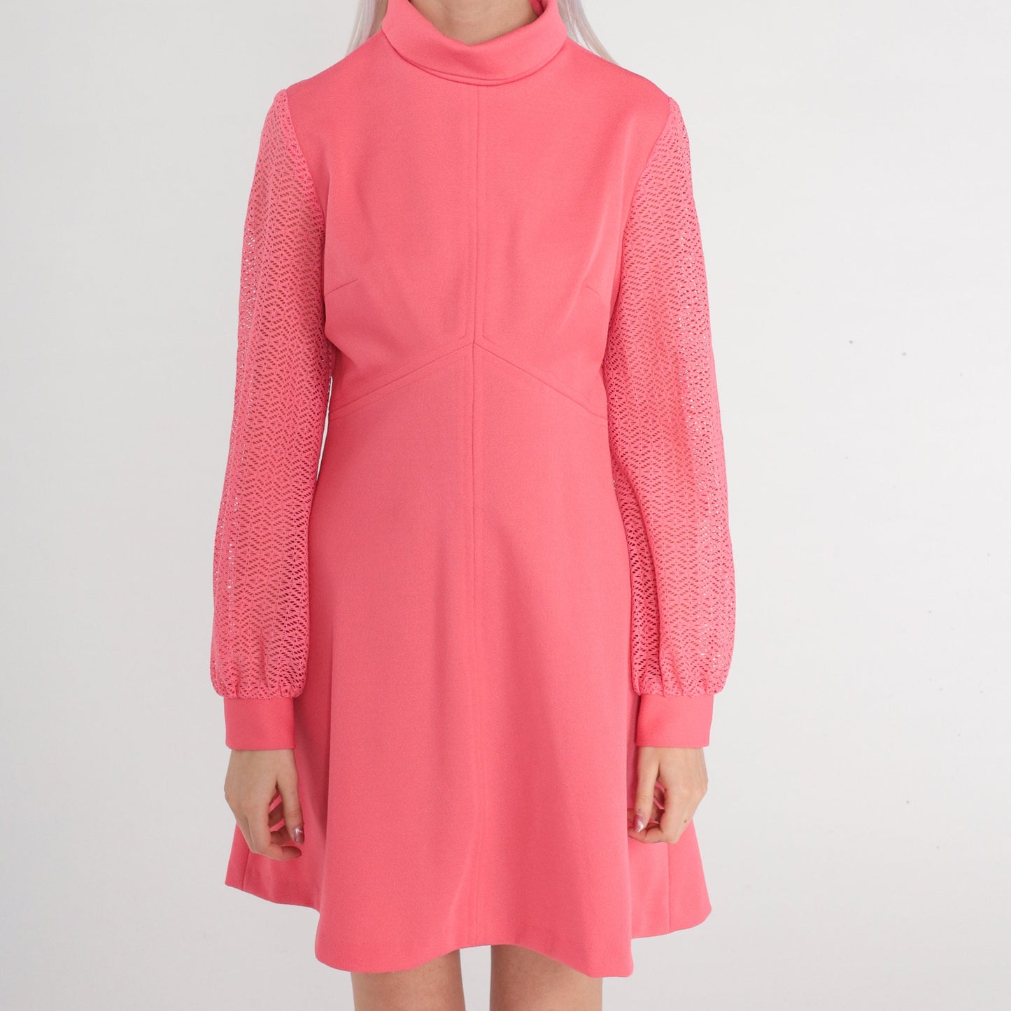 70s Pink Mini Dress Empire Waist Lace Sleeve High Mock Neck Medium M