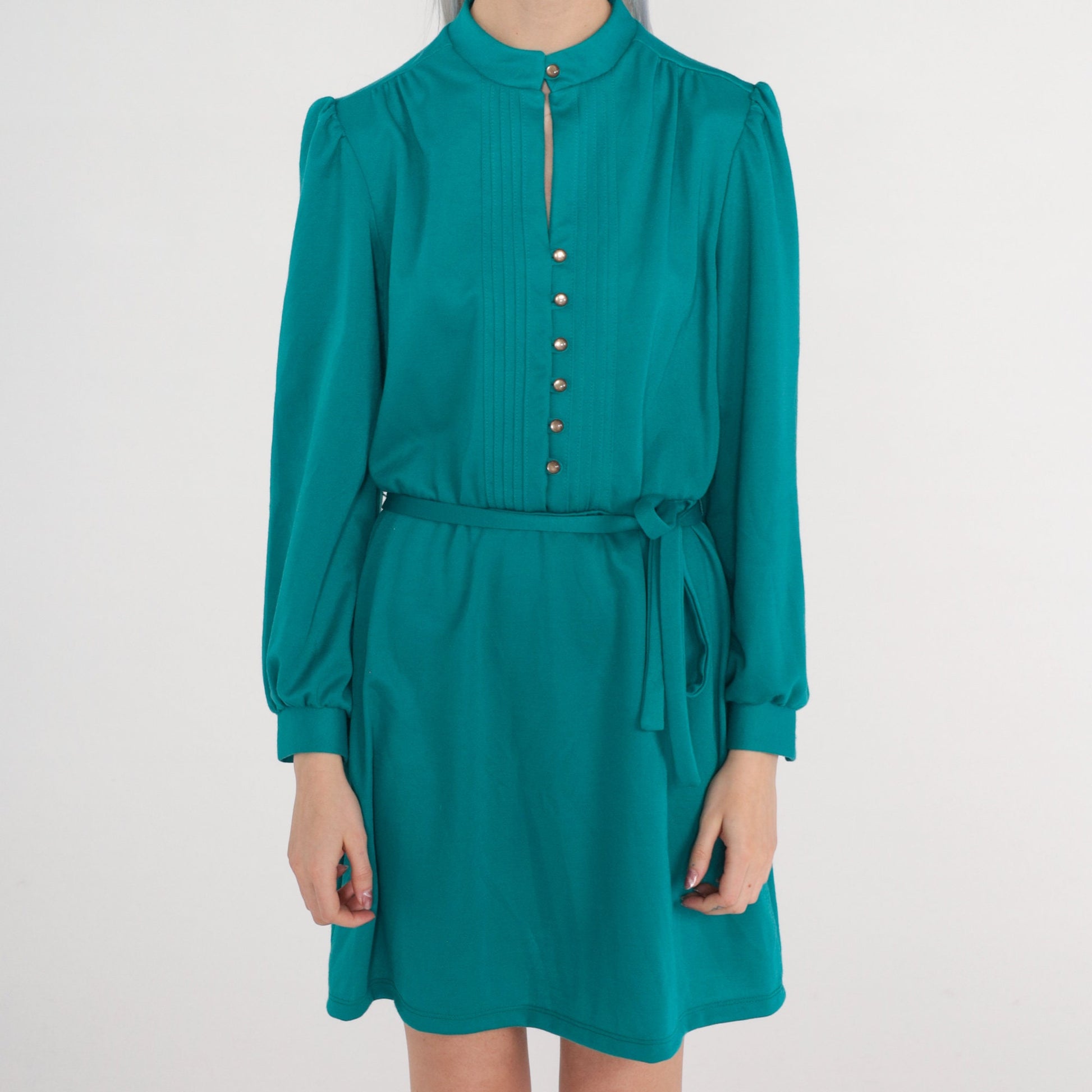 1970s Teal Green Wool Blend Mini Dress Puff Sleeve Button-Up High Waist Medium