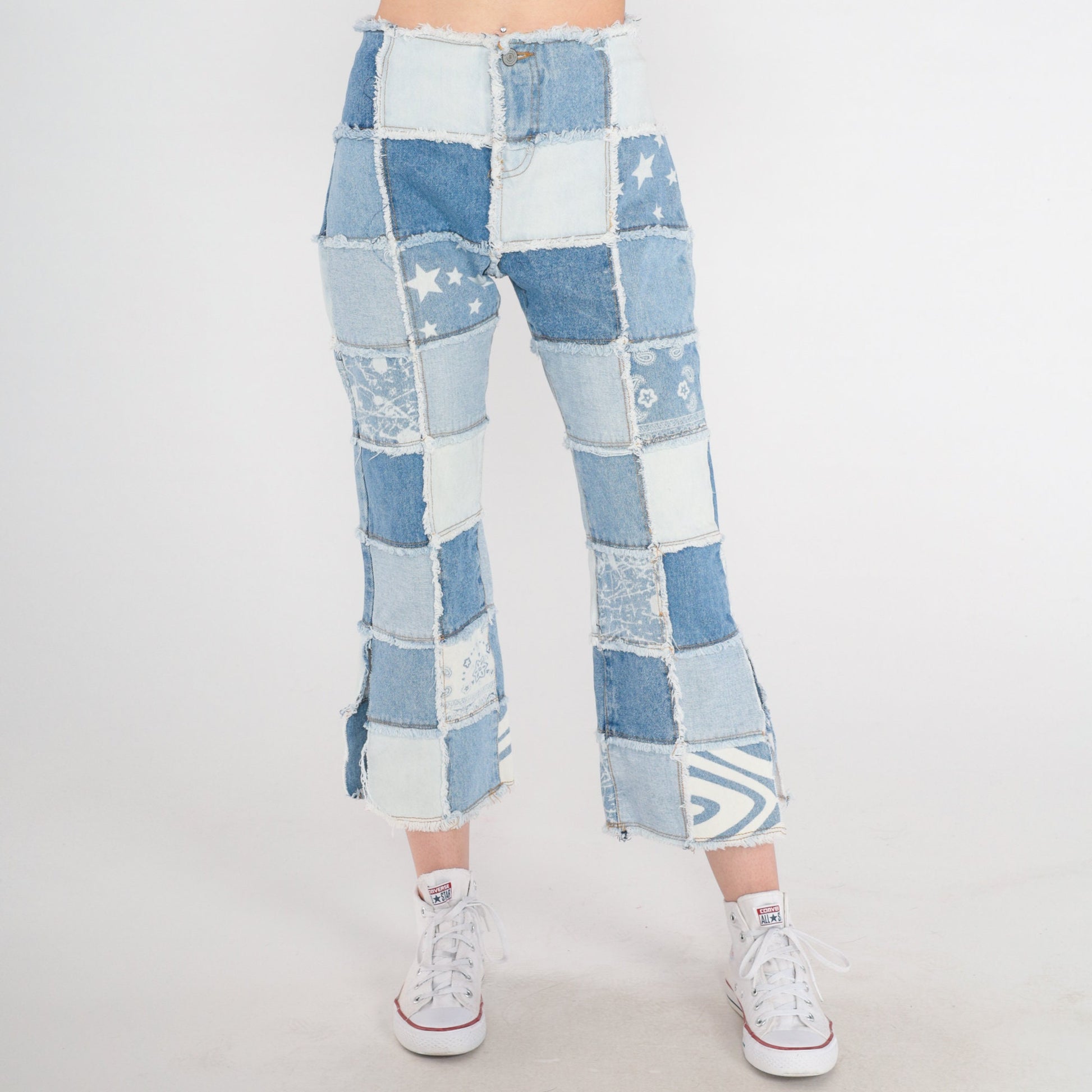 Y2K Patchwork Cropped Jeans Blue Floral Star Print Side Slits 2XS