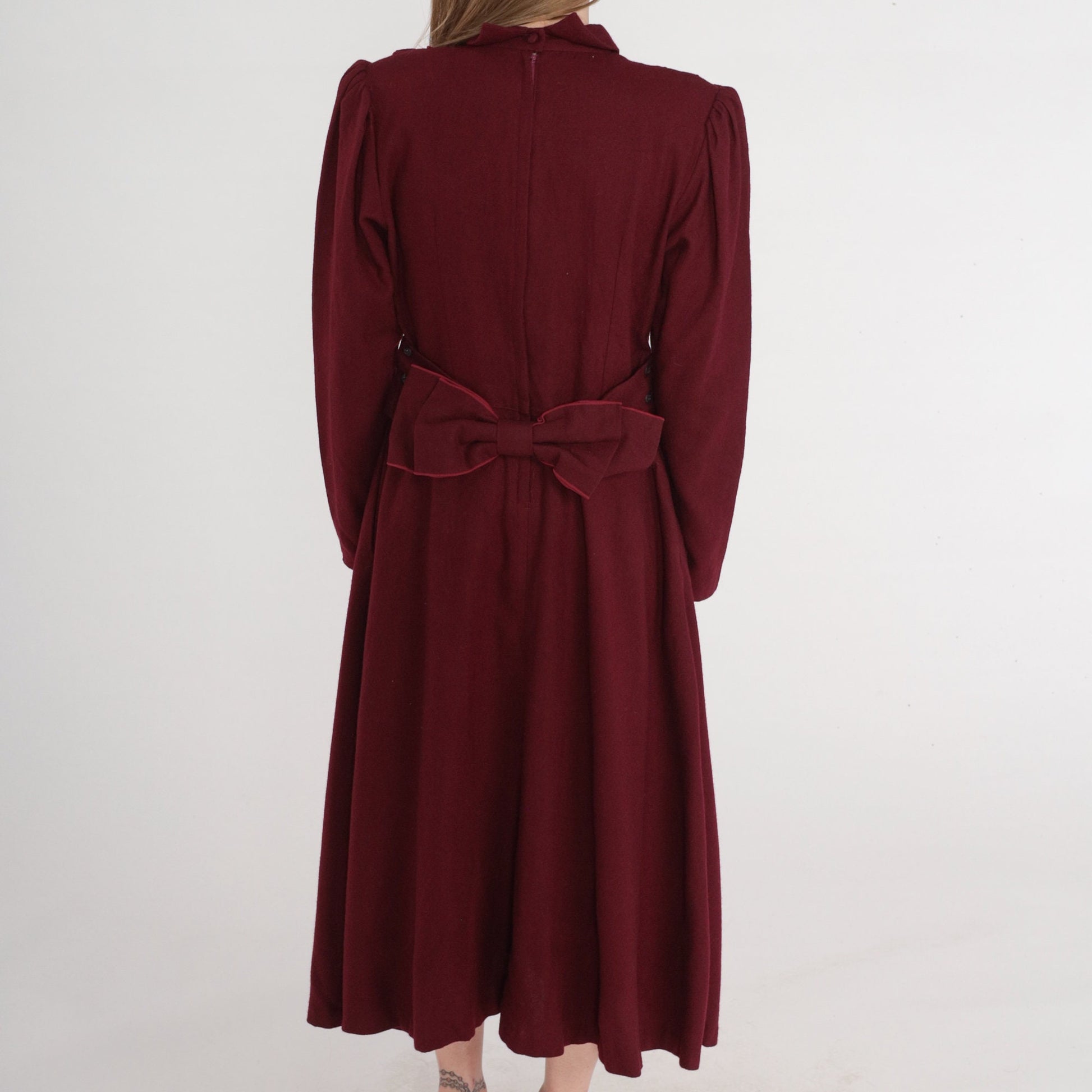 80s Dark Red Wool Midi Dress Puff Sleeve Basque Waist Collared Medium M