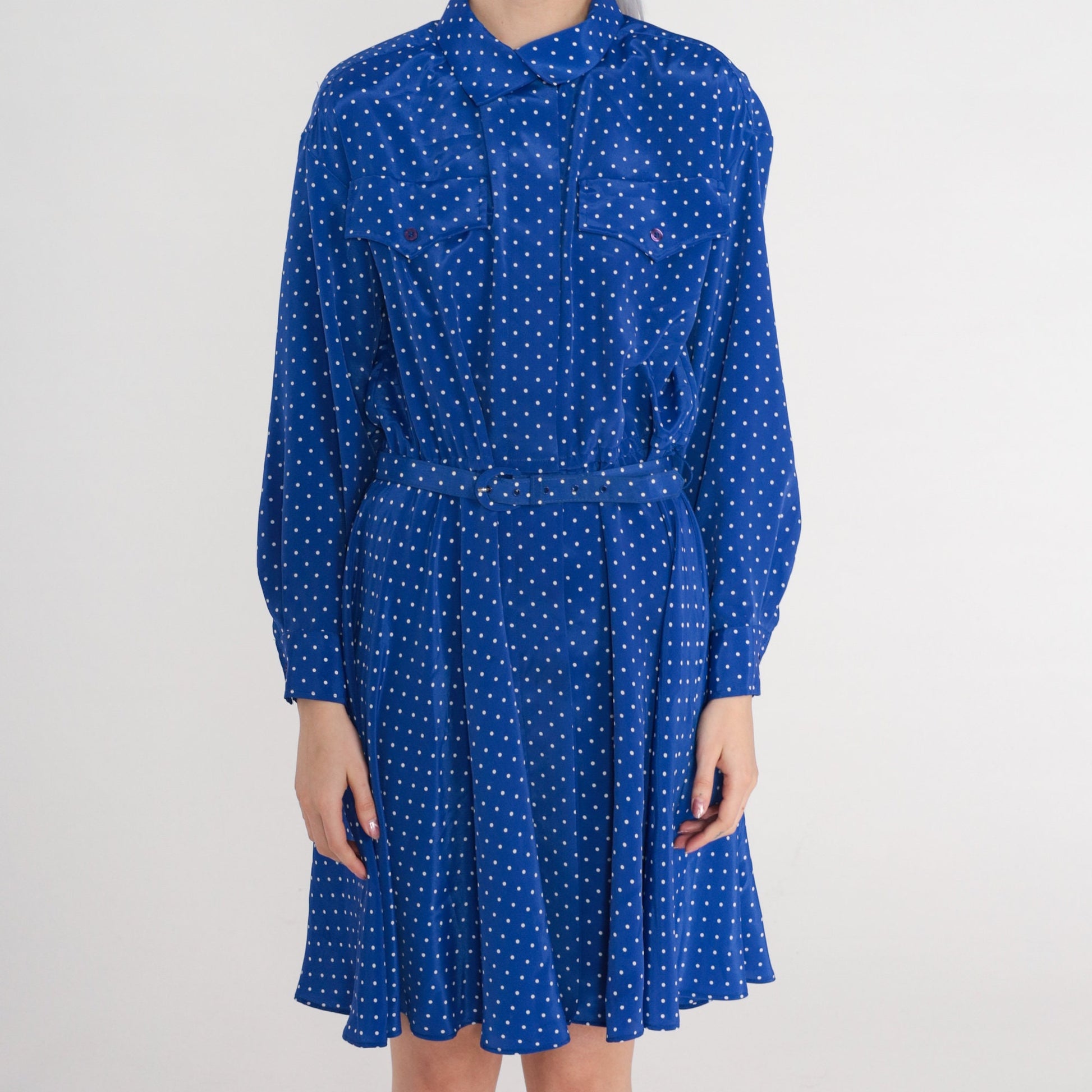 1970s Blue Polka Dot Mini Dress Button-Up High Waist Belt Long Sleeve Medium