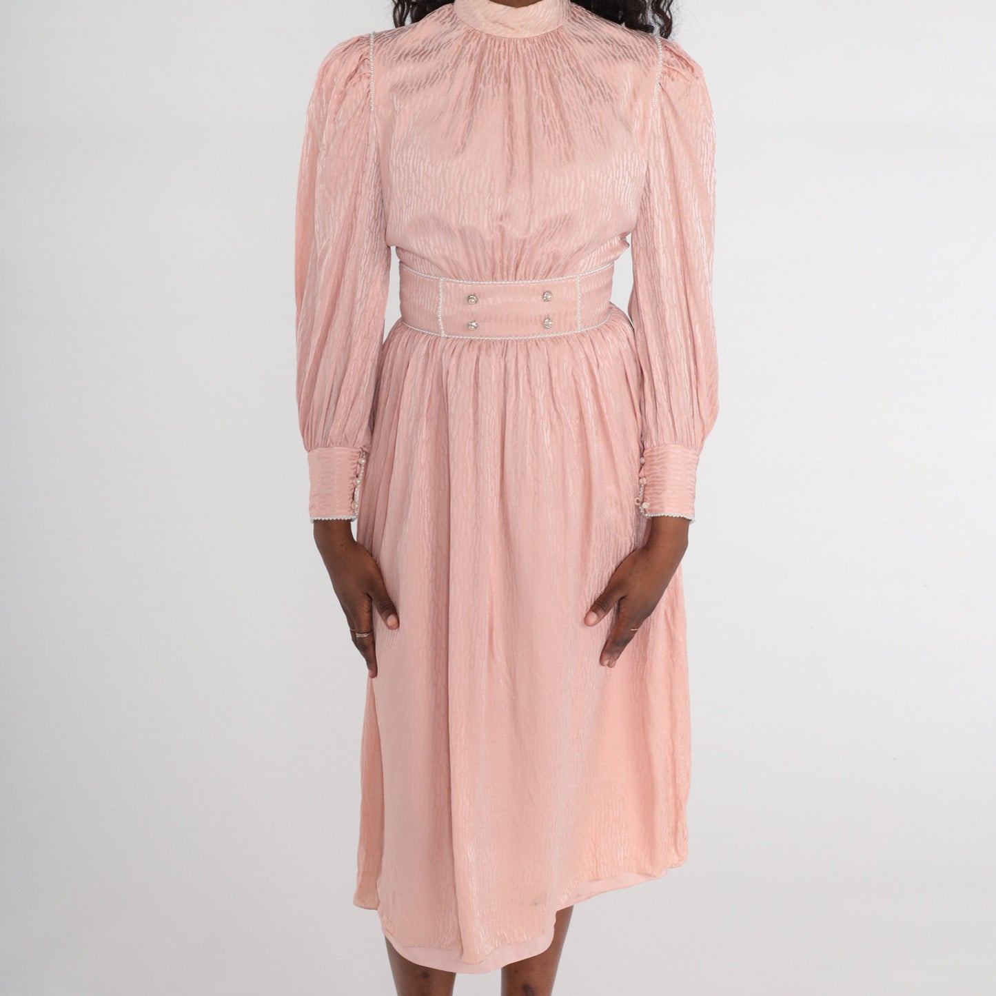 80s Diane Dickenson Saks Fifth Ave Baby Pink Midi Dress Puff Sleeve Small