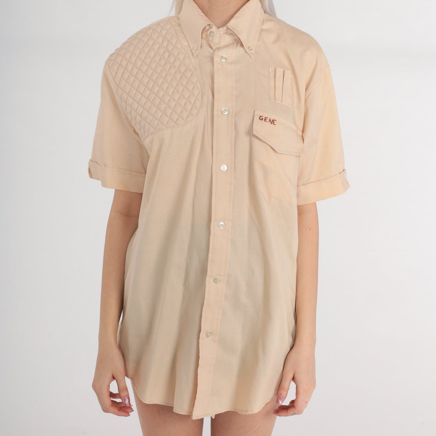 70s Gotcha Trap Team Hunting Shirt Beige Quilted Button Up Medium