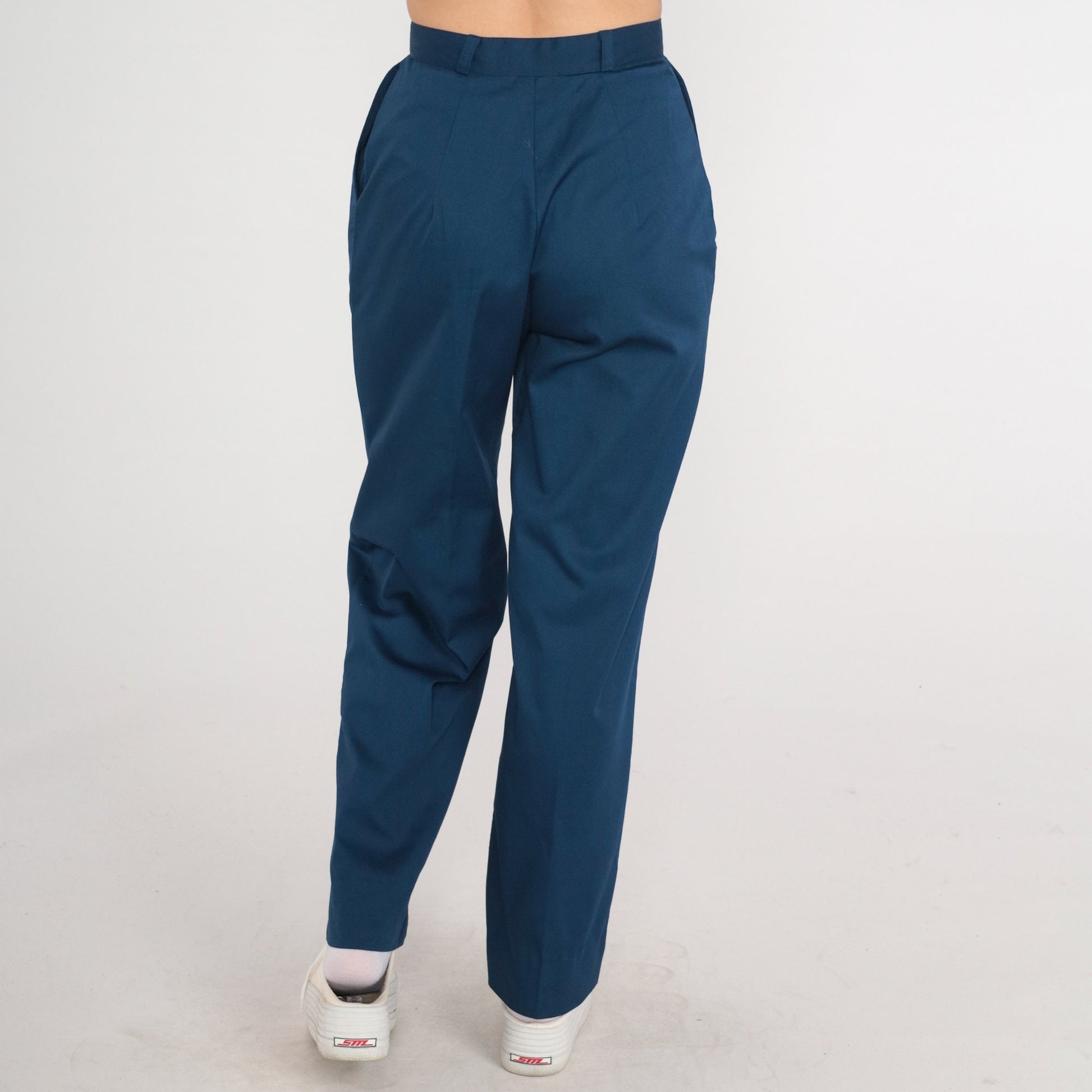 80s Navy High-Waisted Pleated Trousers Tapered Pants Small 26