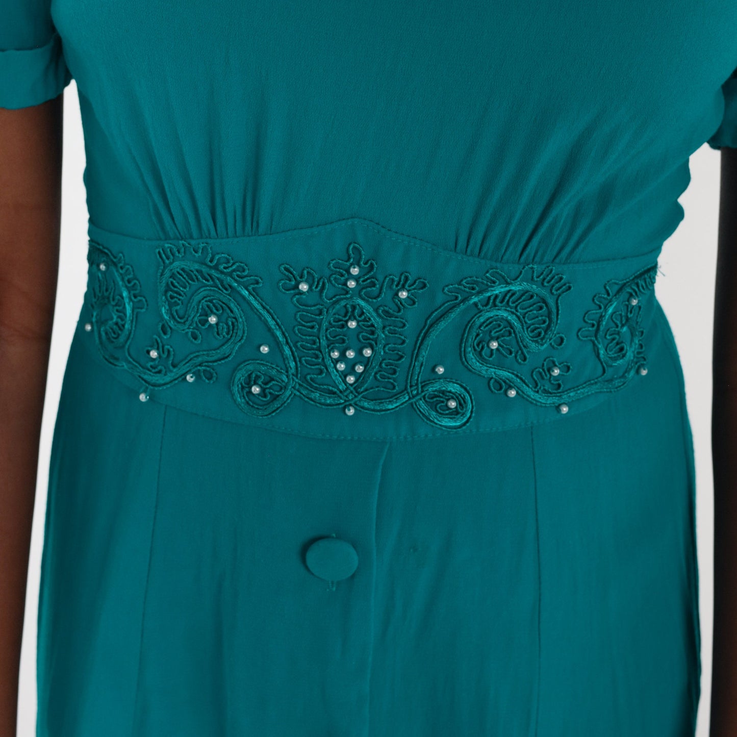 80s Teal Beaded Midi Dress Puff Sleeve High Waist Button Front Extra Small