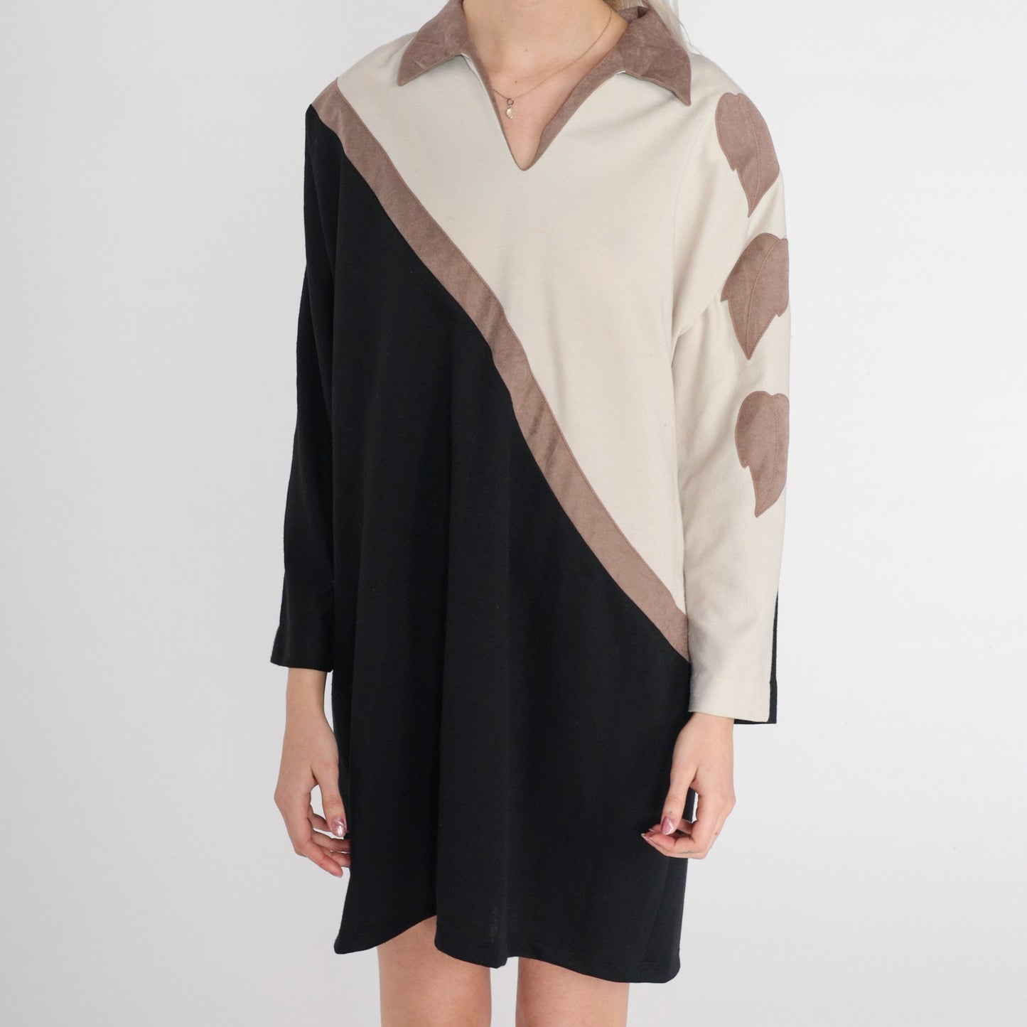 70s Shift Dress Faux Suede Leaf Print Colour Block Mini Black Beige Large